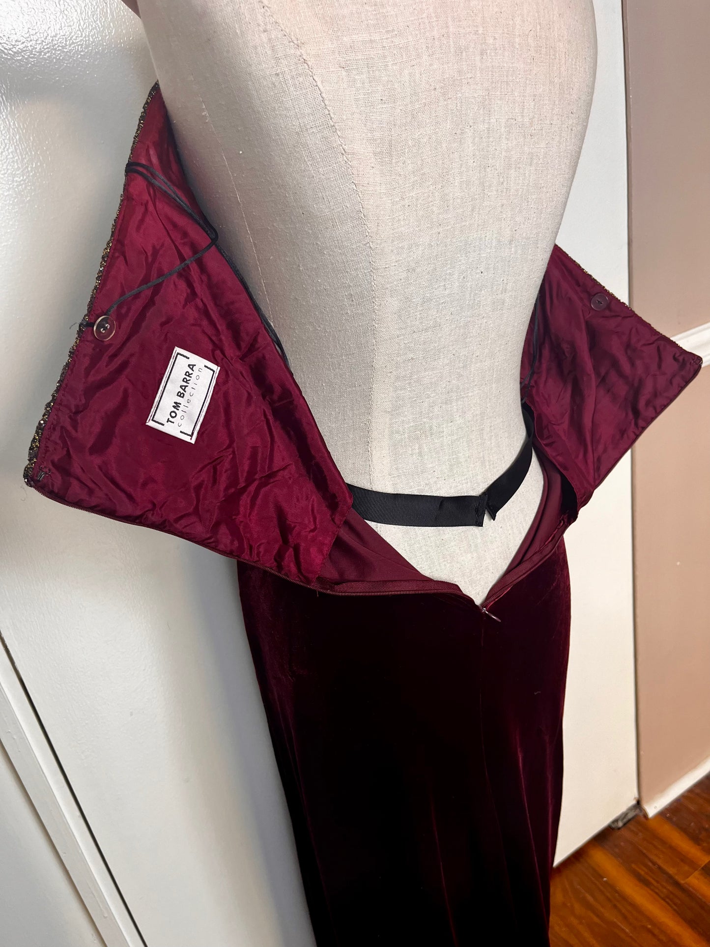 Vintage 1990's "Tom Barra" Burgundy & Gold Shimmer Strapless Maxi Dress