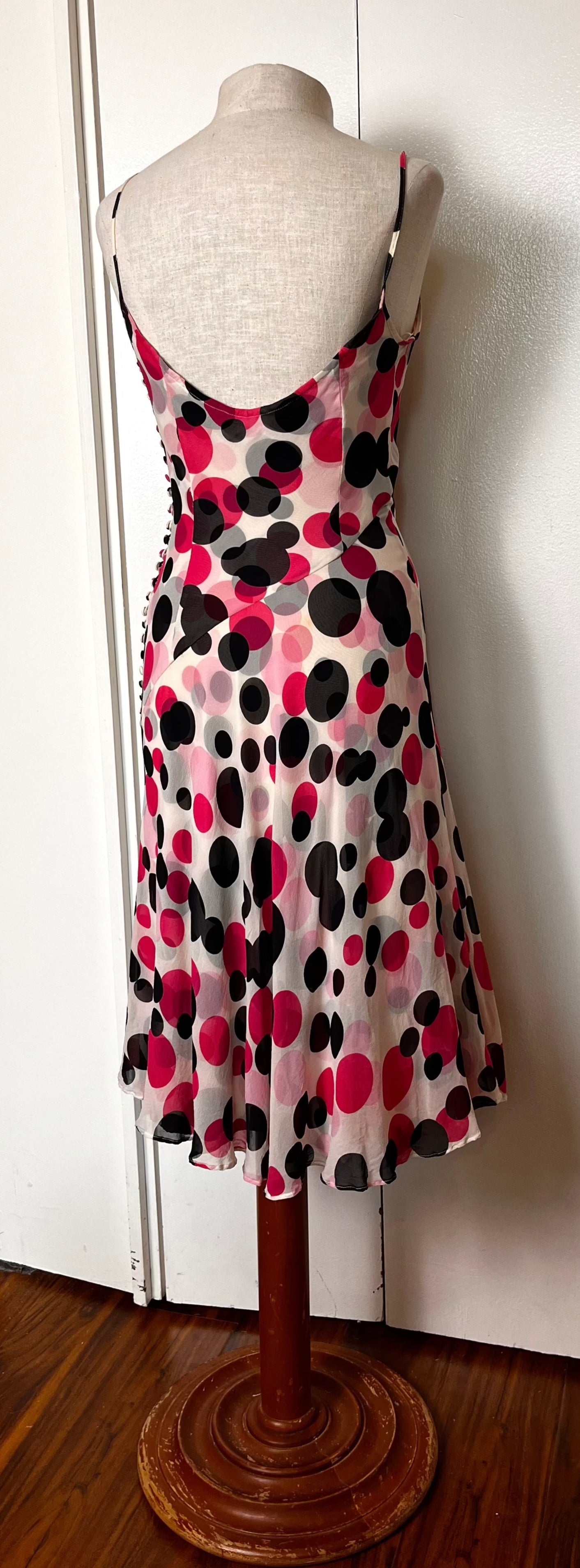 Vintage Y2K "Escada" Black, Pink & White Polka Dot Cowl Neck Bias-Cut Slip Dress