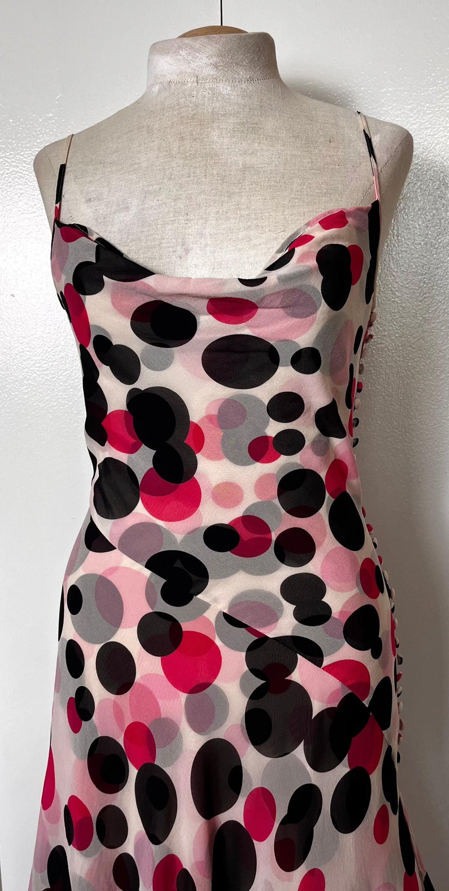 Vintage Y2K "Escada" Black, Pink & White Polka Dot Cowl Neck Bias-Cut Slip Dress
