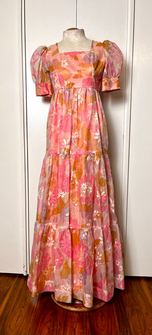 Vintage 1970's "Home-Sewn" Pink Flower Chiffon Maxi Dress