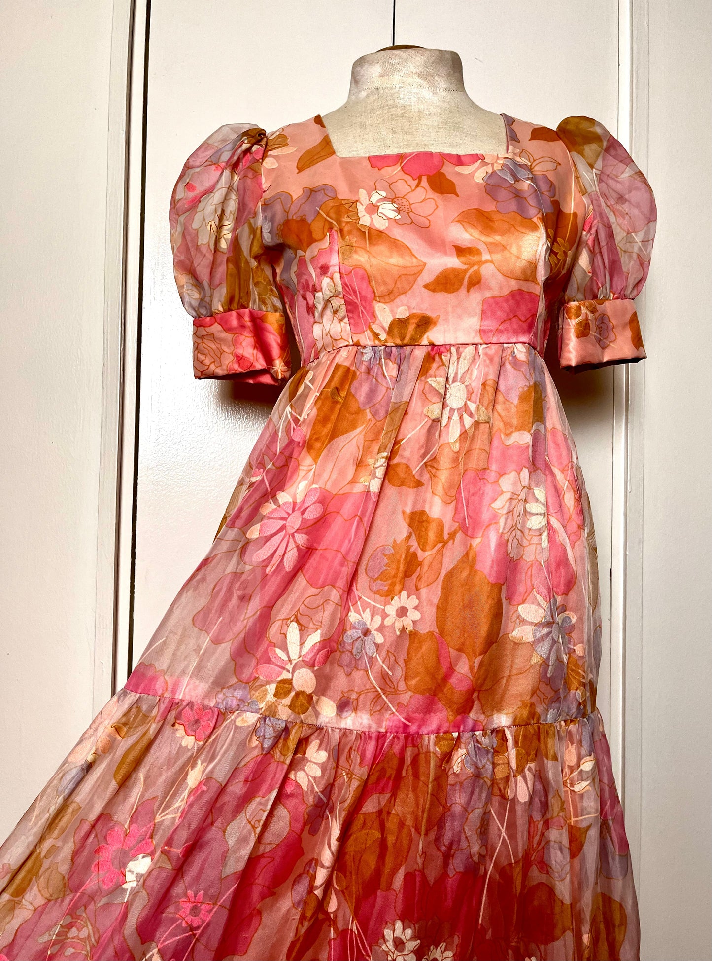 Vintage 1970's "Home-Sewn" Pink Flower Chiffon Maxi Dress