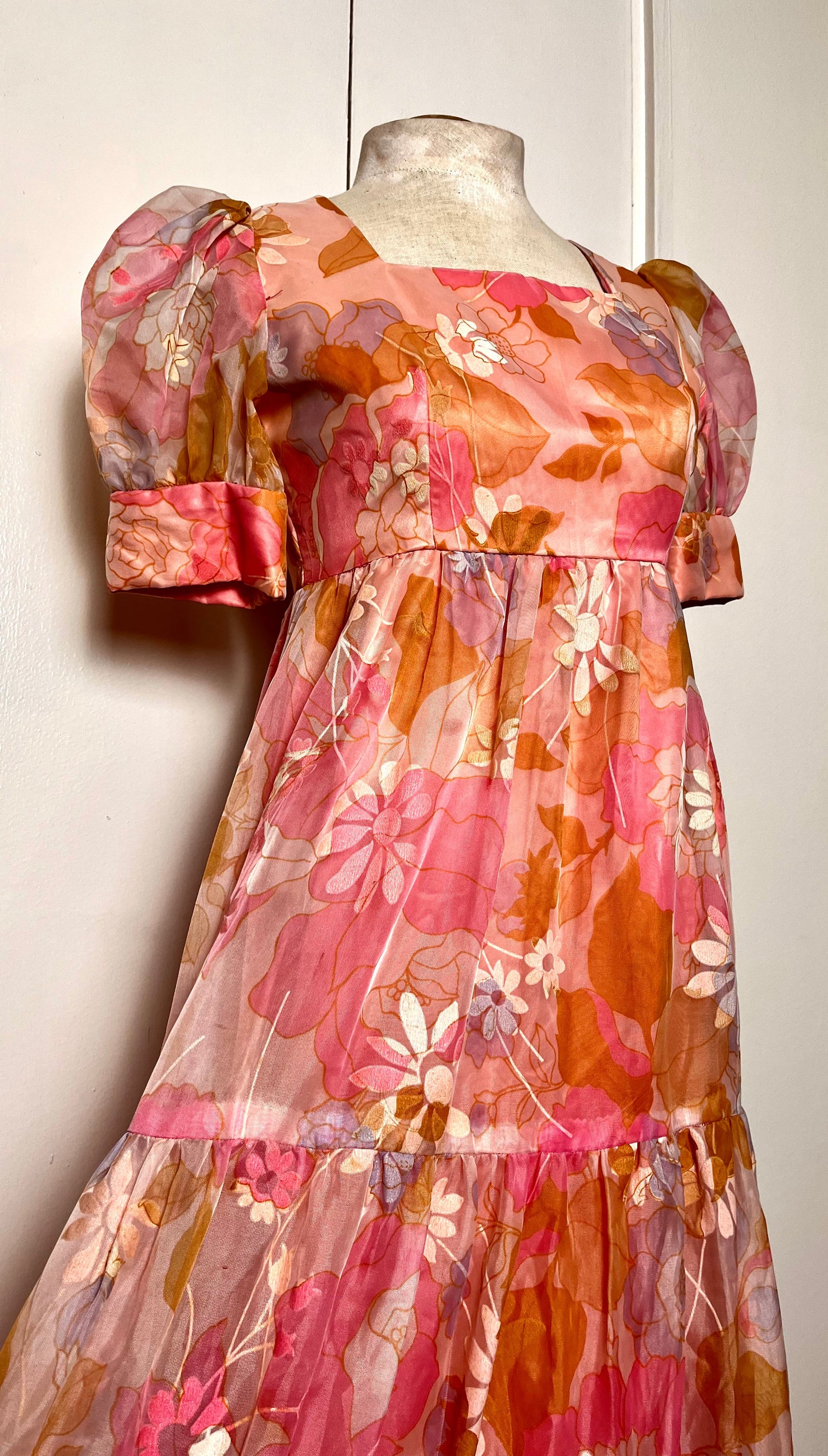 Vintage 1970's "Home-Sewn" Pink Flower Chiffon Maxi Dress