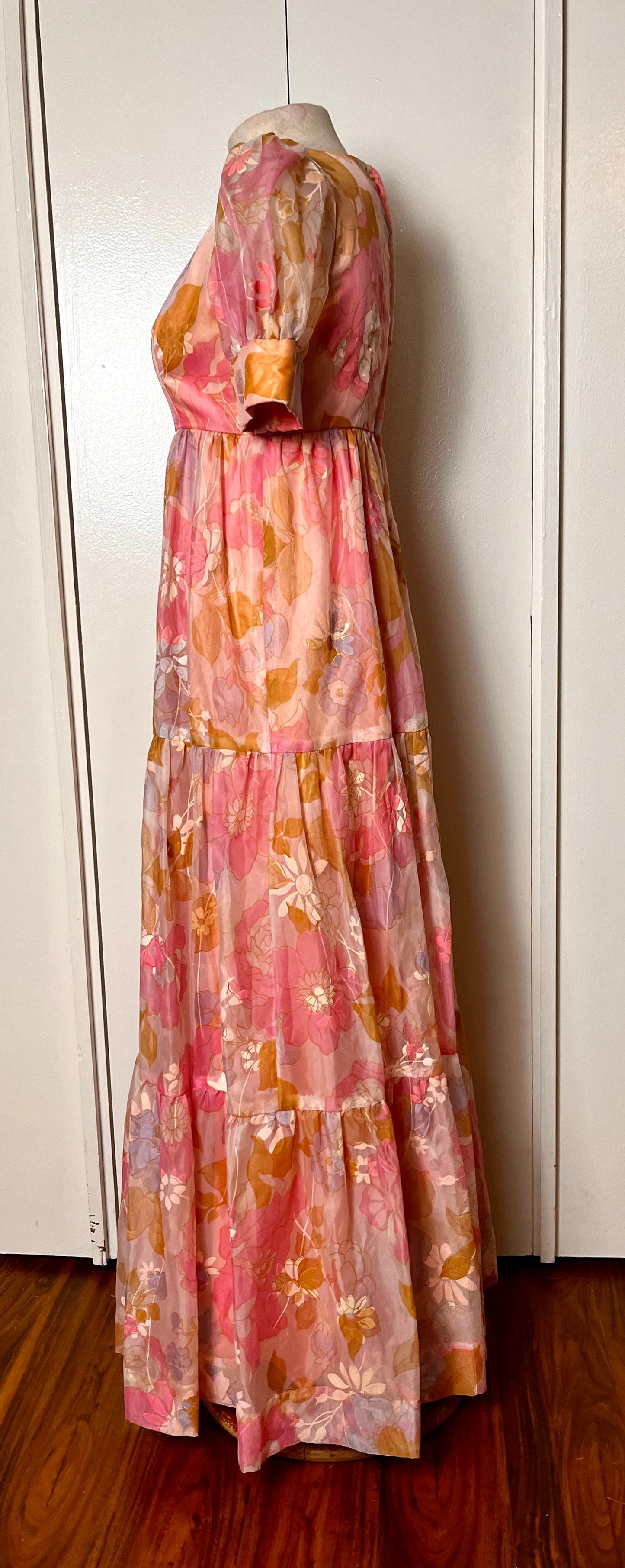 Vintage 1970's "Home-Sewn" Pink Flower Chiffon Maxi Dress