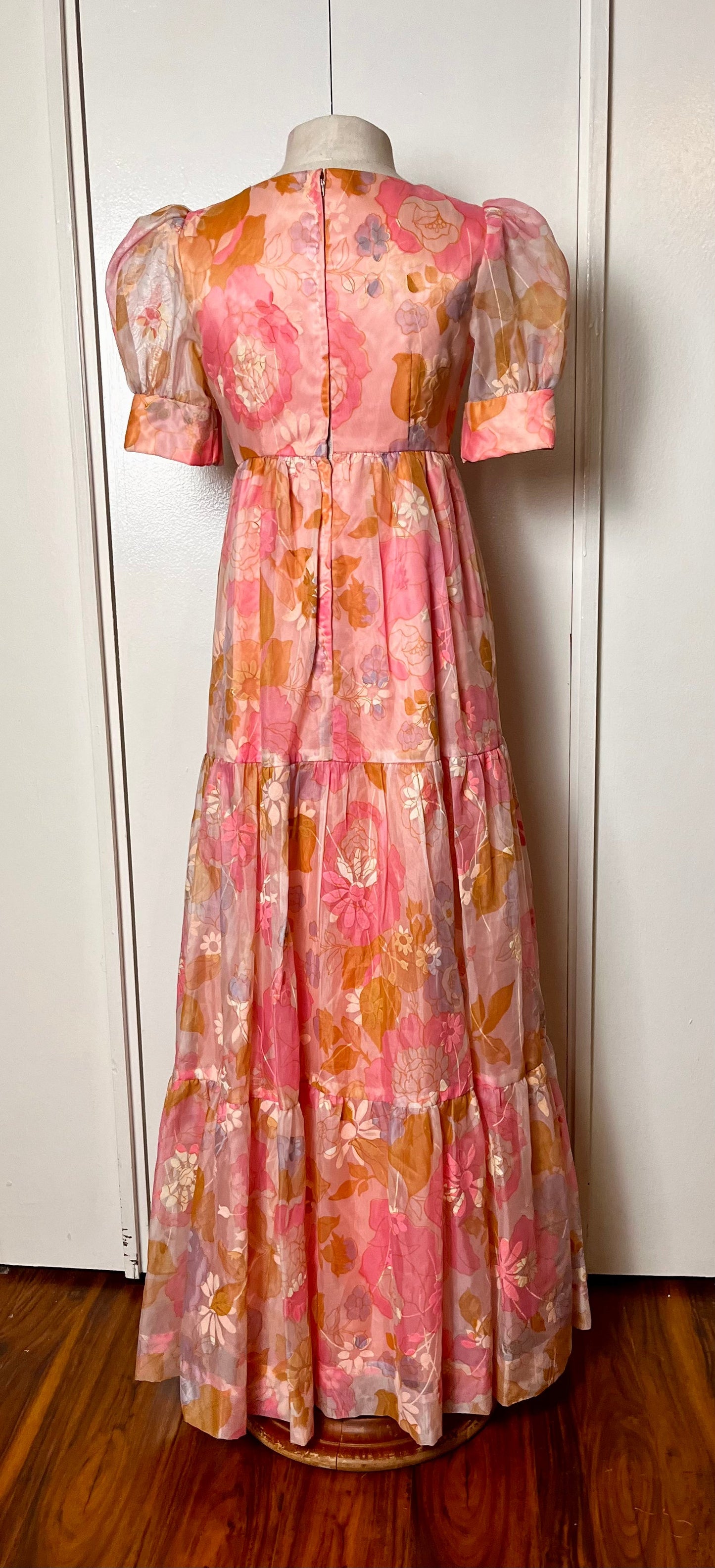 Vintage 1970's "Home-Sewn" Pink Flower Chiffon Maxi Dress