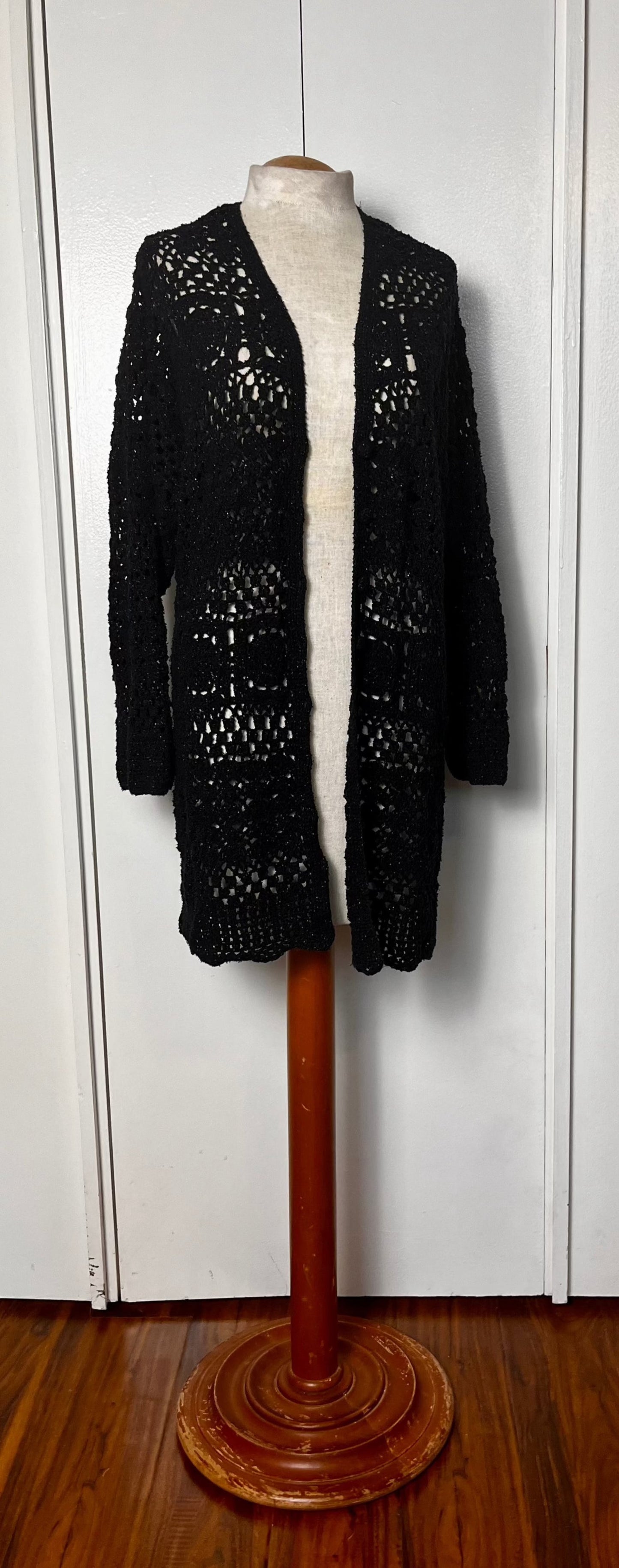 Vintage 1990's "Liz Claiborne" Glittery Black Crochet Duster Cardigan