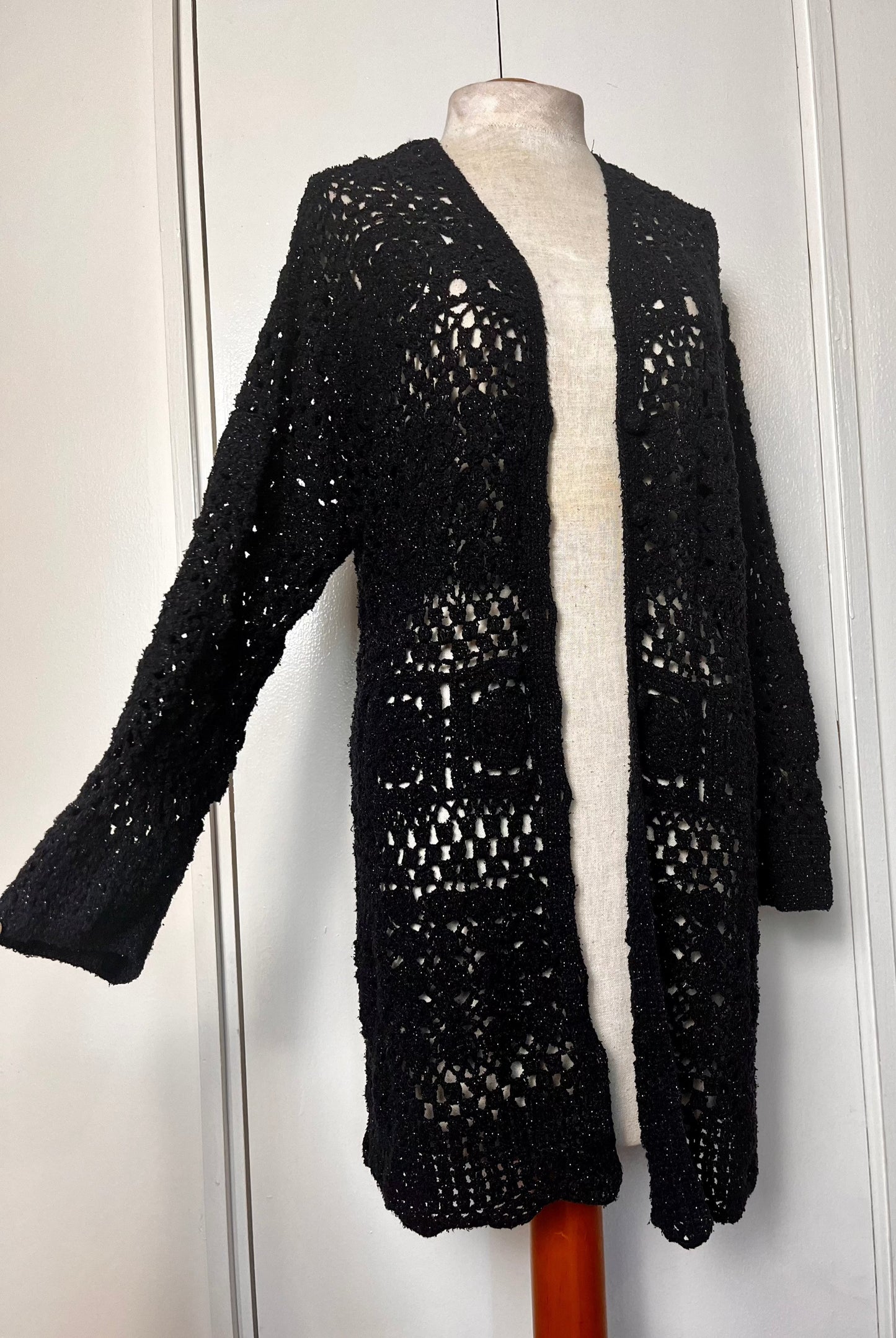 Vintage 1990's "Liz Claiborne" Glittery Black Crochet Duster Cardigan