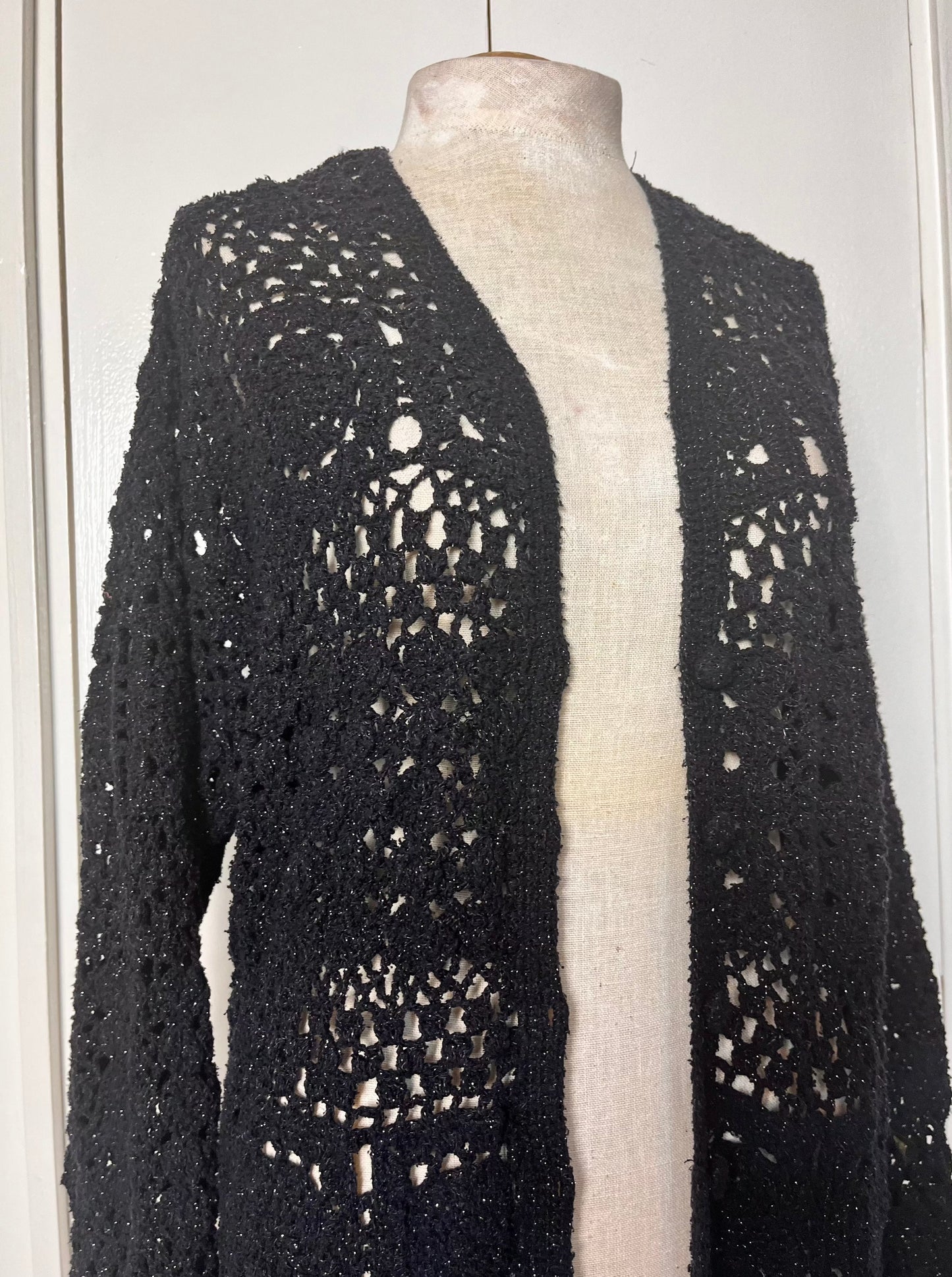 Vintage 1990's "Liz Claiborne" Glittery Black Crochet Duster Cardigan