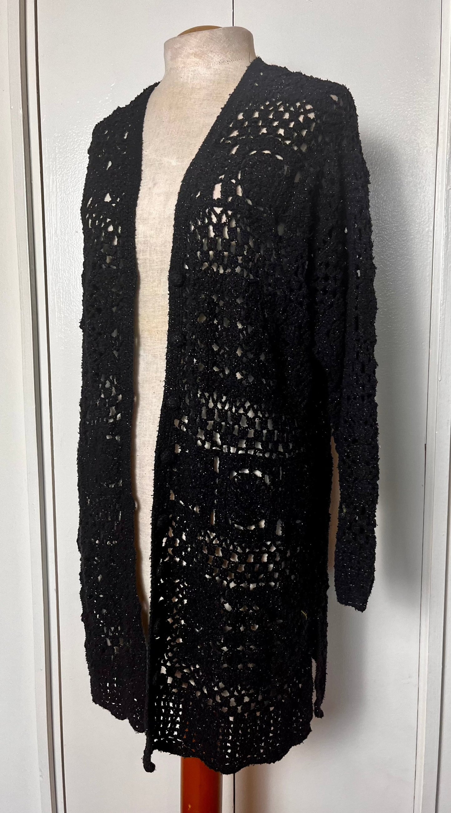 Vintage 1990's "Liz Claiborne" Glittery Black Crochet Duster Cardigan