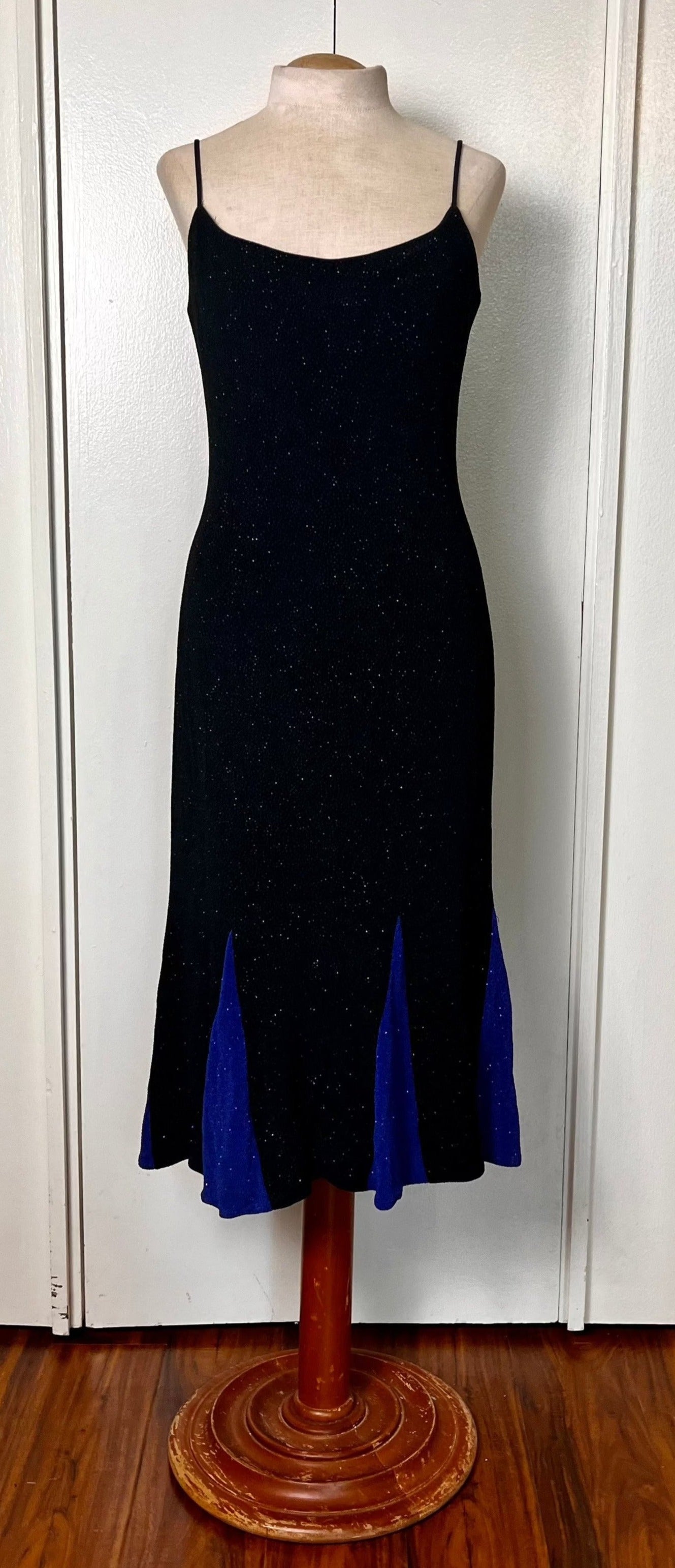 Vintage 1990's Betsy & Adam by Jaslene Black & Blue Stretch Knit Midi Dress Vintage 1990's Betsy & Adam by Jaslene Black & Blue Stretch Knit Midi Dress