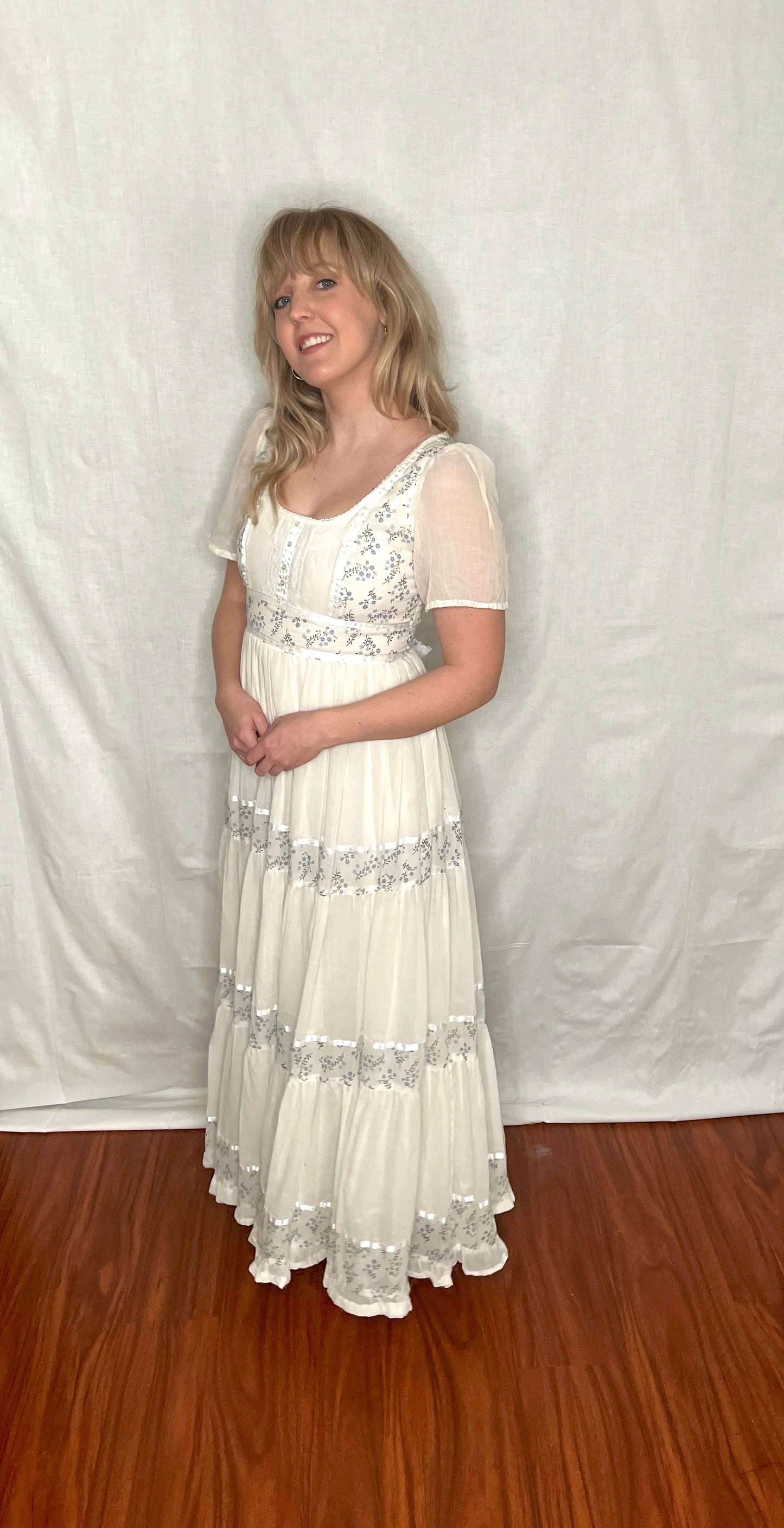 Vintage 1970’s "Gunne Sax by Jessica McClintock" White and Blue Floral Maxi Dress (Altered)