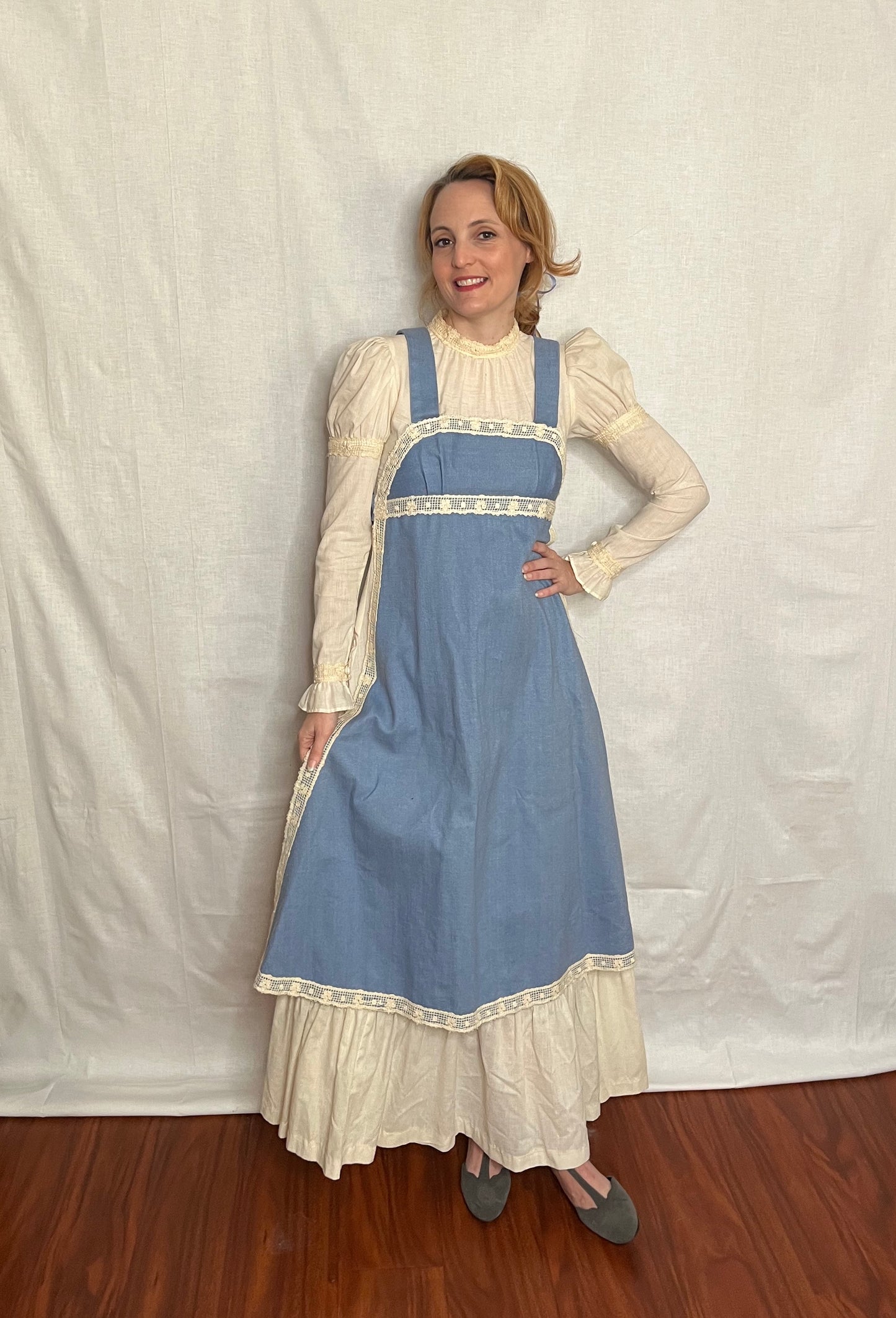 Vintage 1960’s "Gunne Sax of California" Denim Chambray and Cotton Muslin Apron Front Long Sleeve Maxi Dress