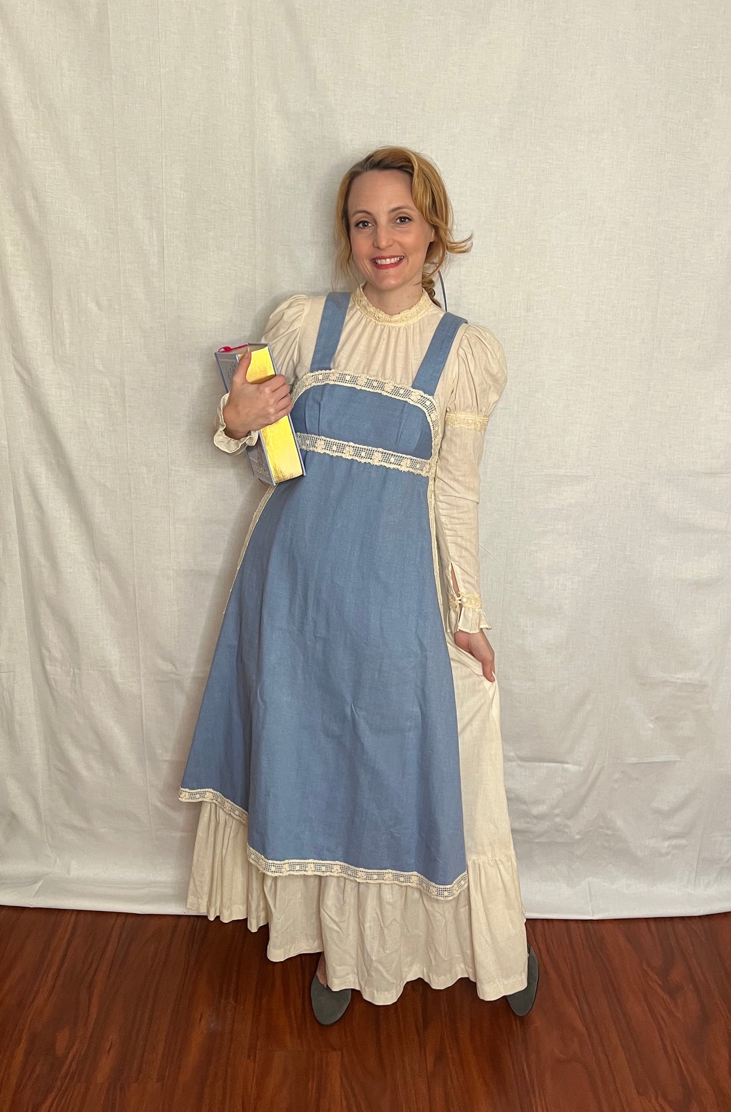 Vintage 1960’s "Gunne Sax of California" Denim Chambray and Cotton Muslin Apron Front Long Sleeve Maxi Dress