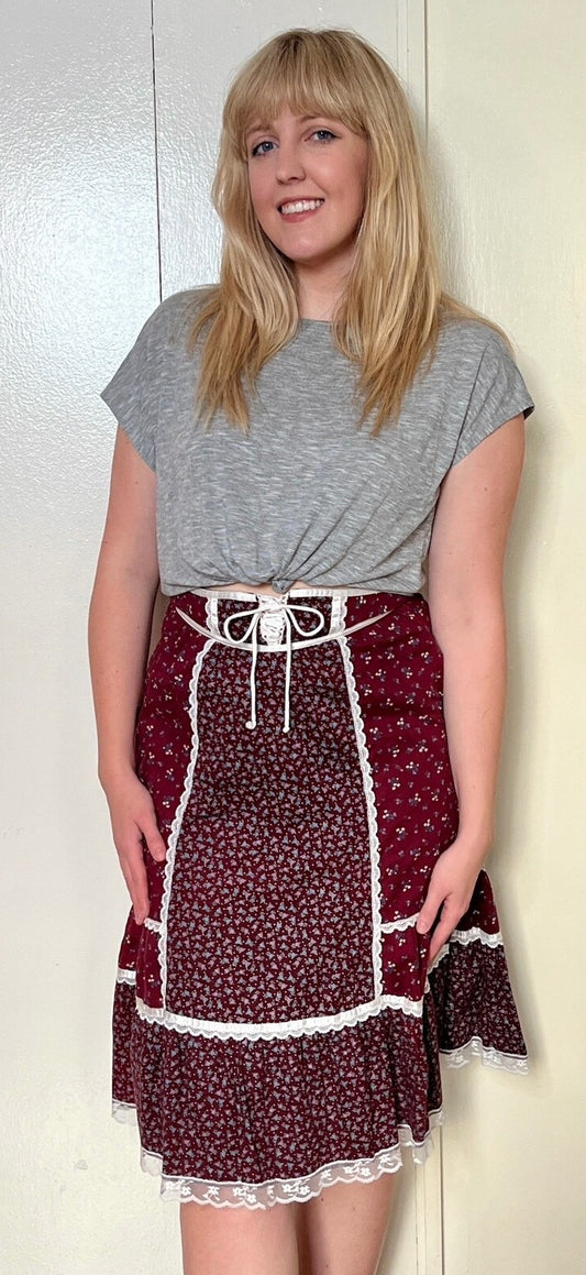 Vintage 1970’s "Gunne Sax by Jessica McClintock" Burgundy Calico Skirt