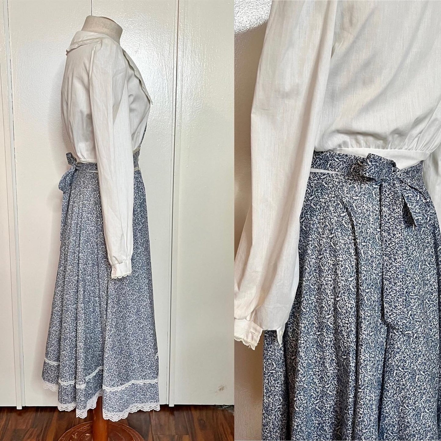 Vintage 1970’s Gunne Sax by Jessica McClintock White & Blue Floral & Lace Collared Button-Front Midi Dress