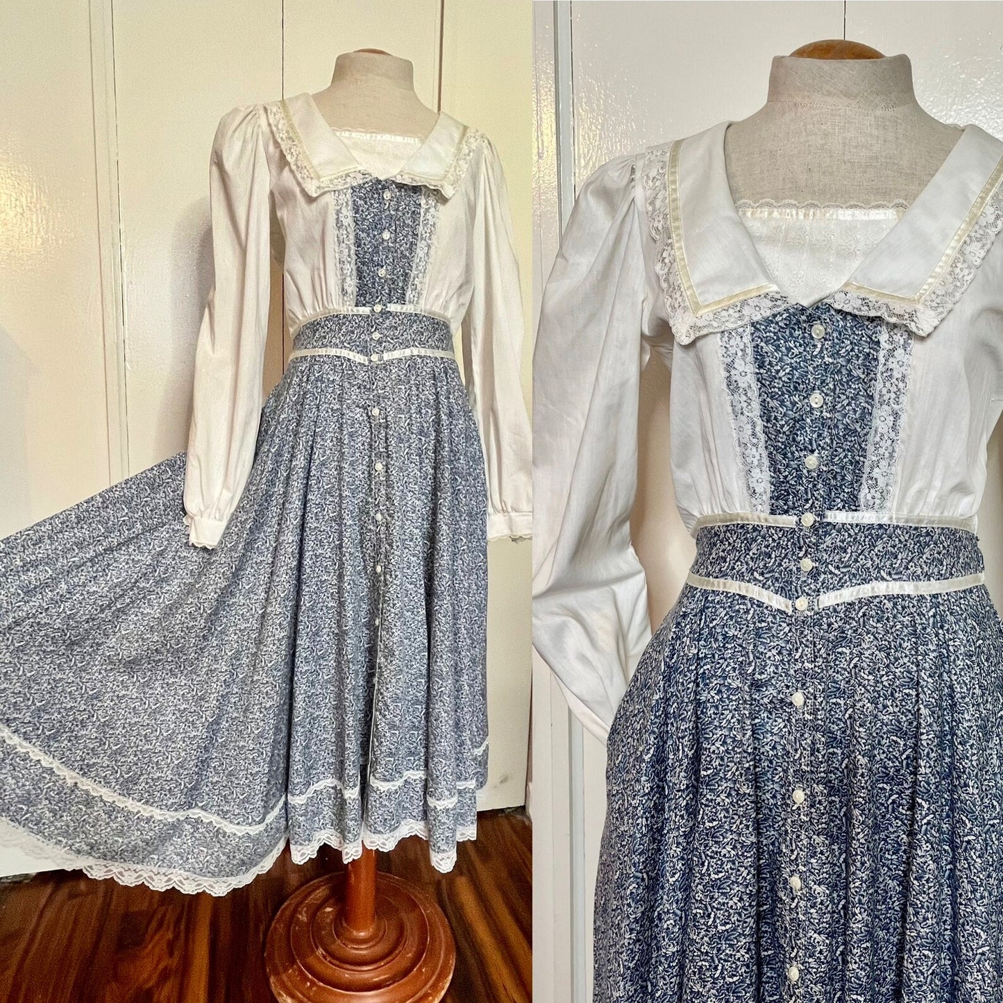 Vintage 1970’s Gunne Sax by Jessica McClintock White & Blue Floral & Lace Collared Button-Front Midi Dress
