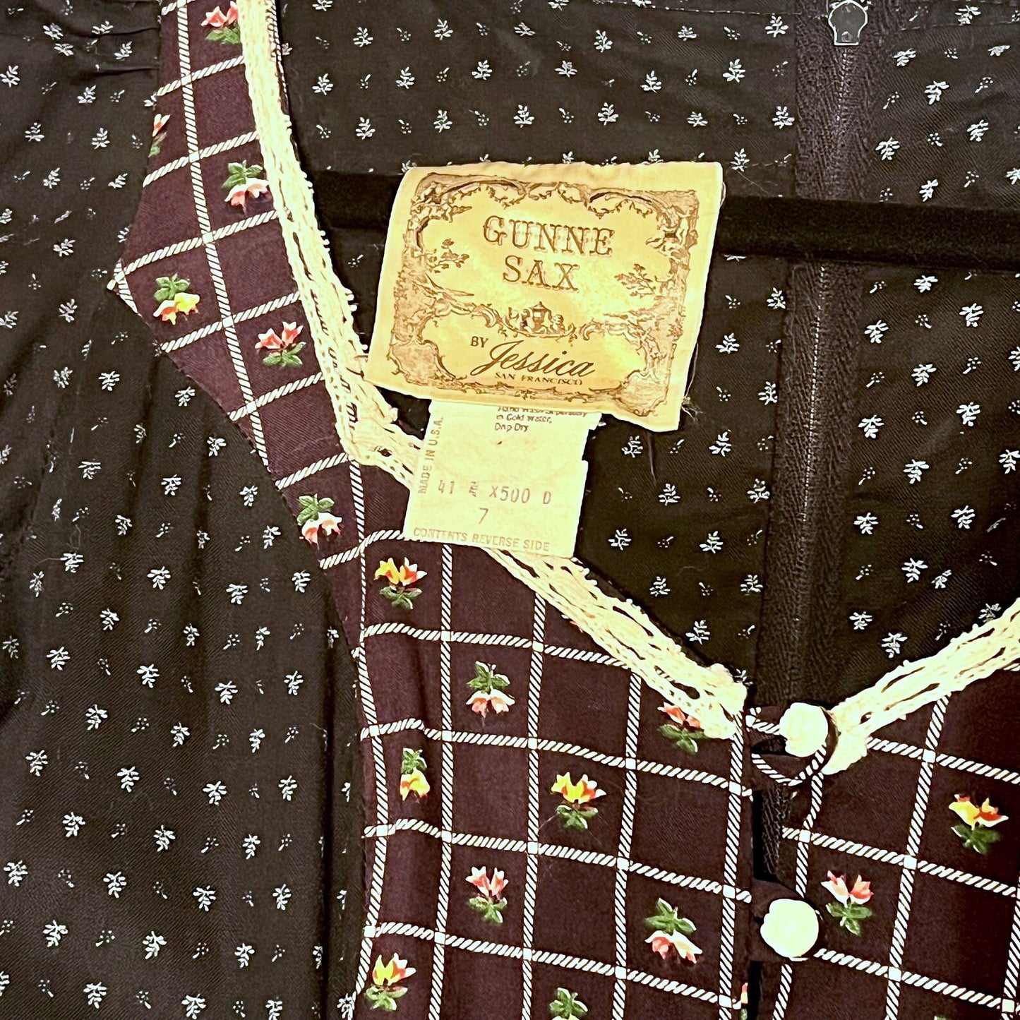 Vintage 1970’s "Gunne Sax by Jessica McClintock" Black & Purple Roses Midi Dress
