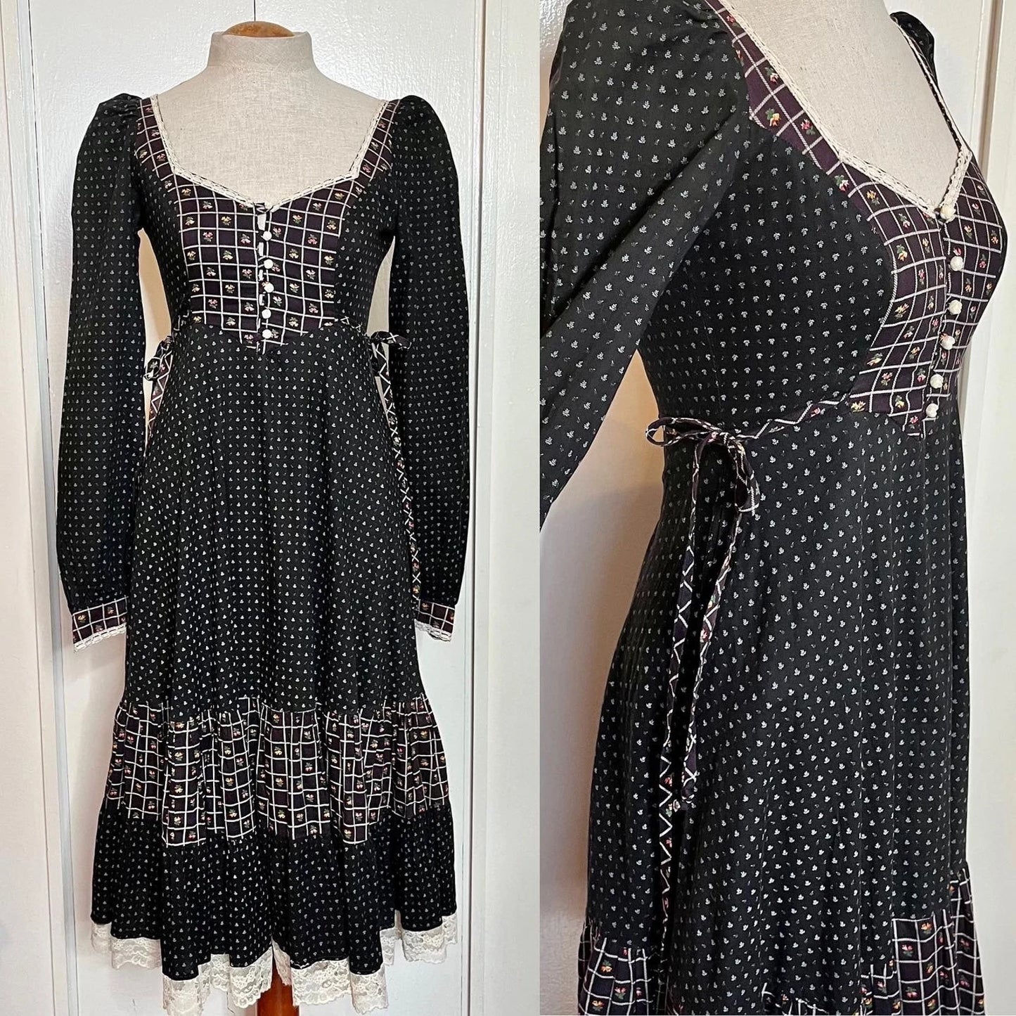 Vintage 1970’s "Gunne Sax by Jessica McClintock" Black & Purple Roses Midi Dress