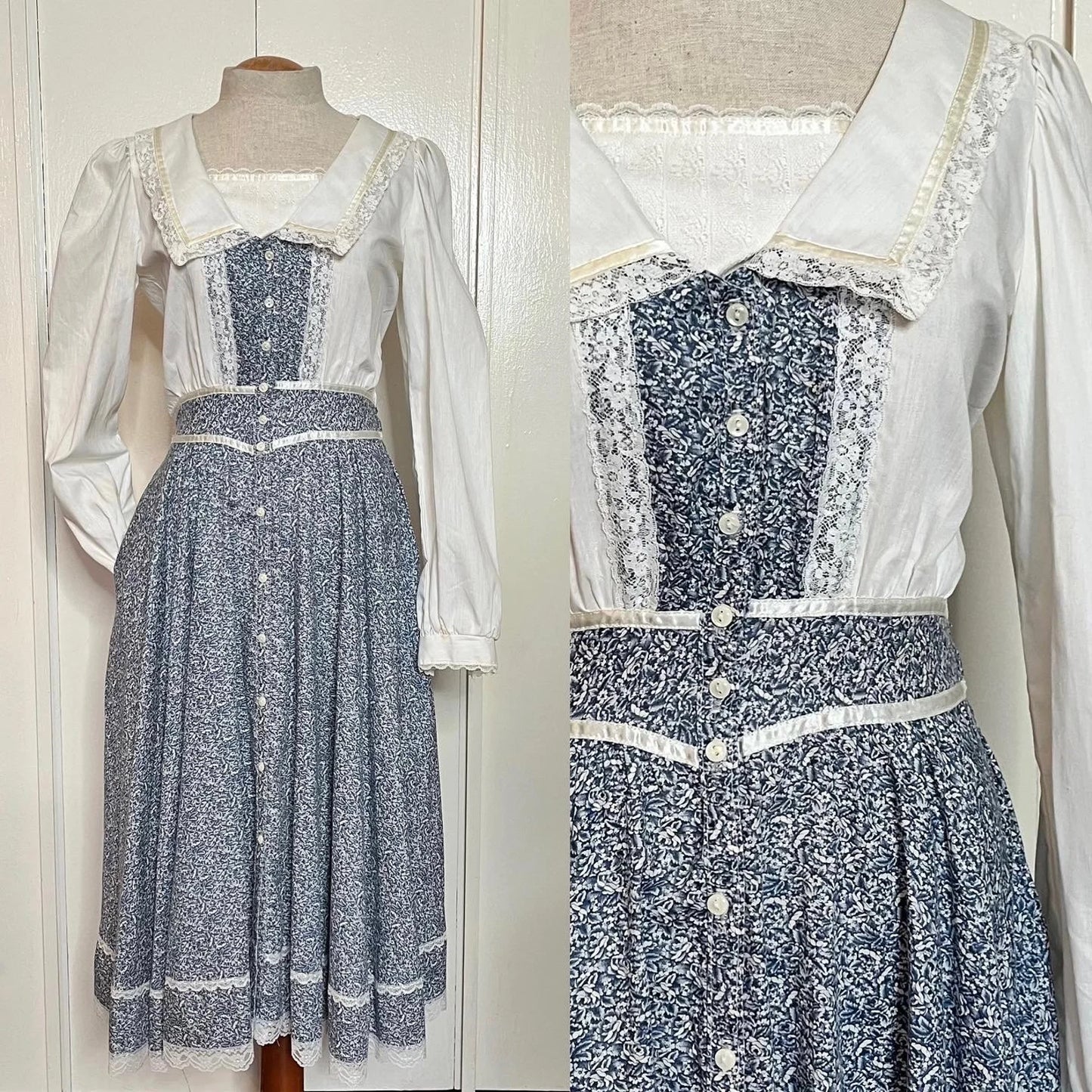 Vintage 1970’s Gunne Sax by Jessica McClintock White & Blue Floral & Lace Collared Button-Front Midi Dress