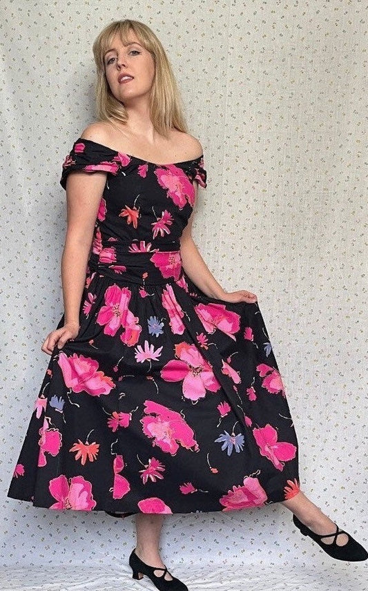 Vintage 1980’s "Laura Ashley" Black & Pink Floral Dress