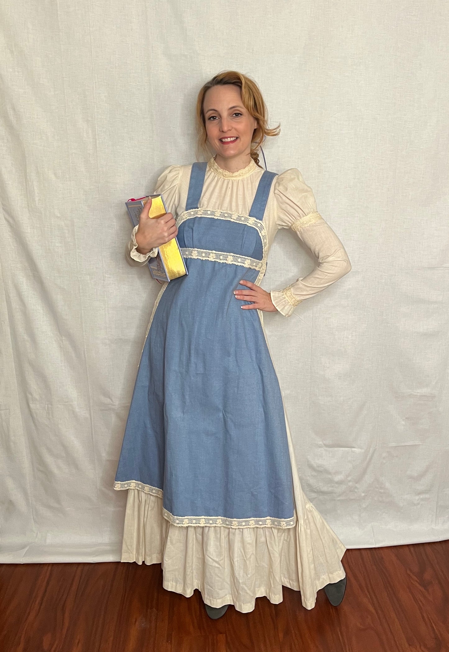 Vintage 1960’s "Gunne Sax of California" Denim Chambray and Cotton Muslin Apron Front Long Sleeve Maxi Dress