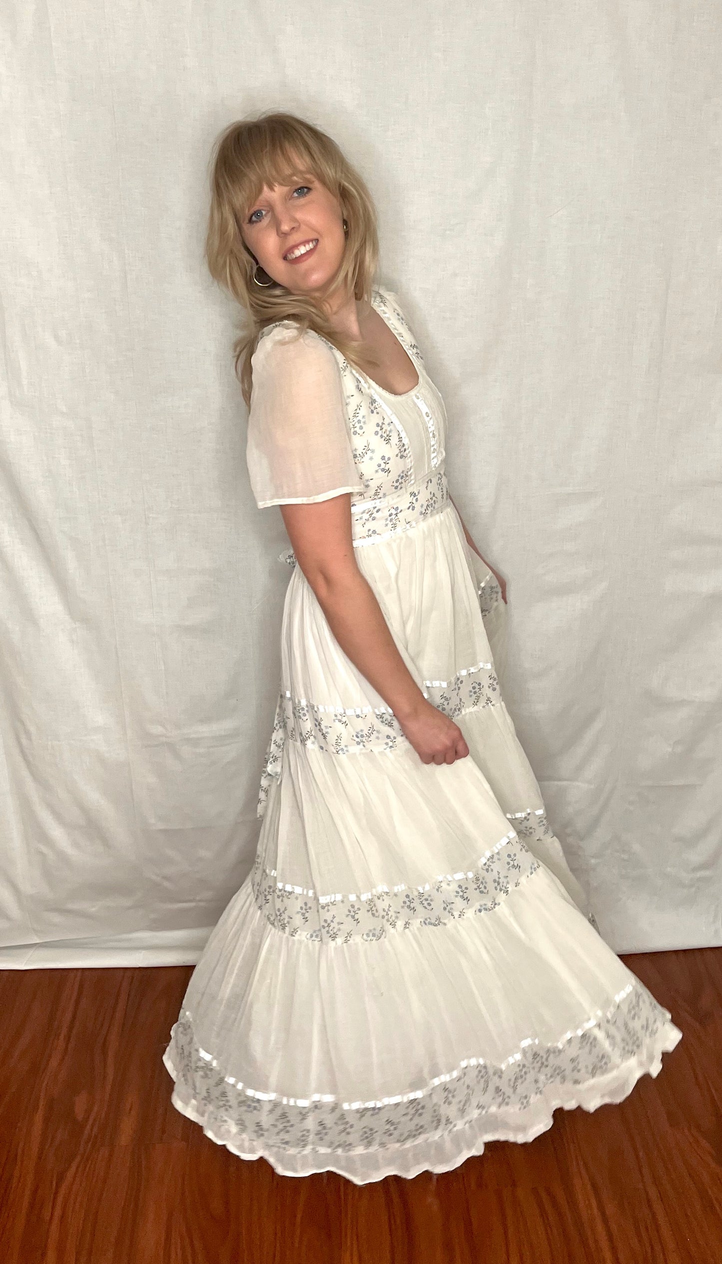 Vintage 1970’s "Gunne Sax by Jessica McClintock" White and Blue Floral Maxi Dress (Altered)