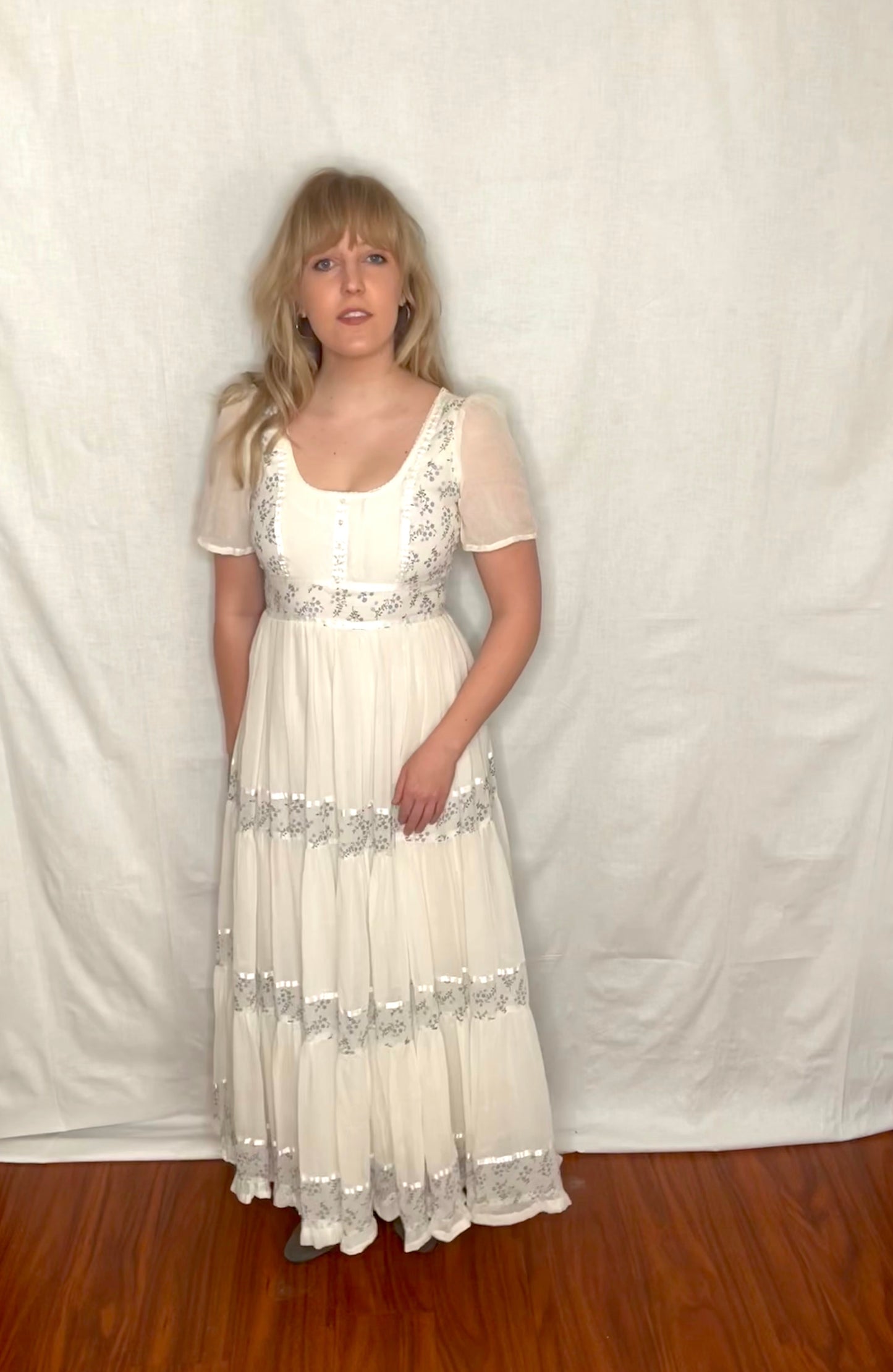 Vintage 1970’s "Gunne Sax by Jessica McClintock" White and Blue Floral Maxi Dress (Altered)