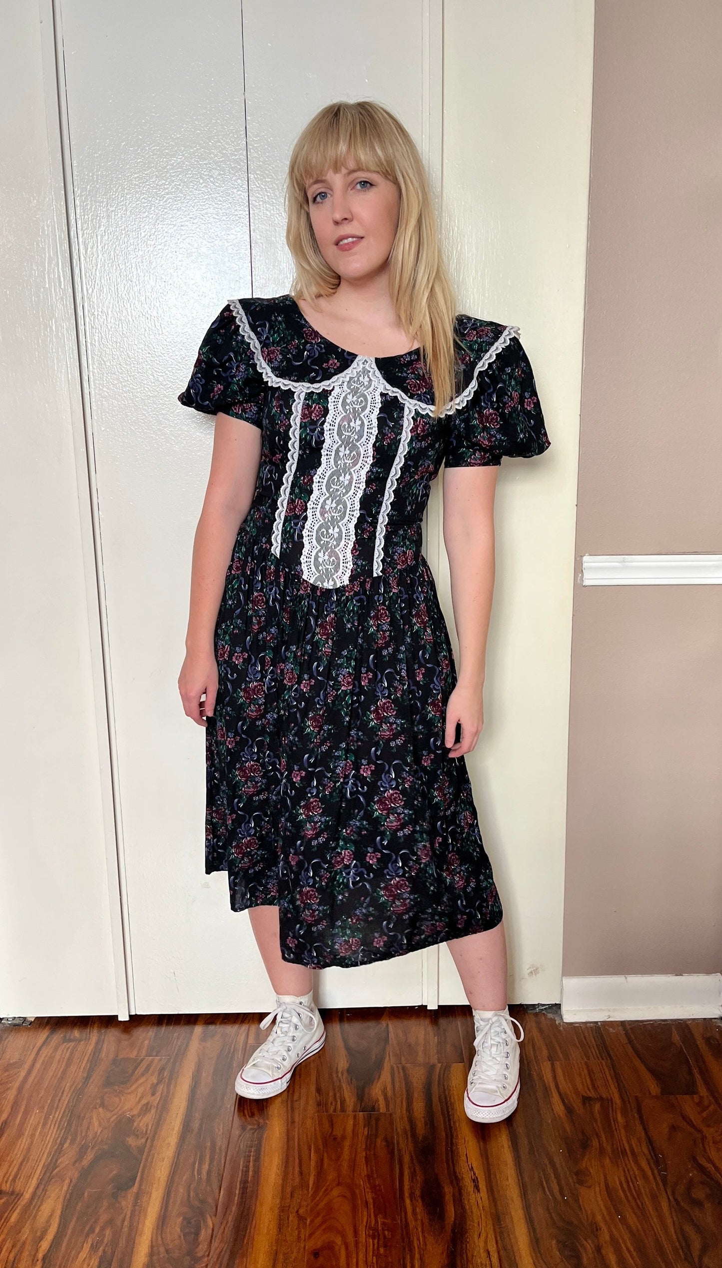 Vintage 1980’s "Gunne Sax by Jessica McClintock" Black Floral and Lace Collar Dress