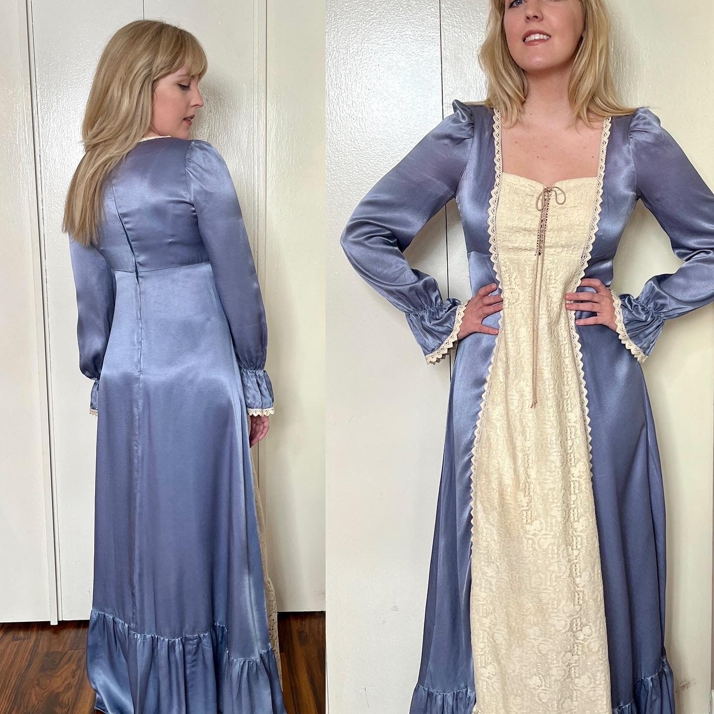 Vintage 1970’s "Gunne Sax by Jessica McClintock" Indigo Satin-Crepe Long Sleeve Maxi Dress