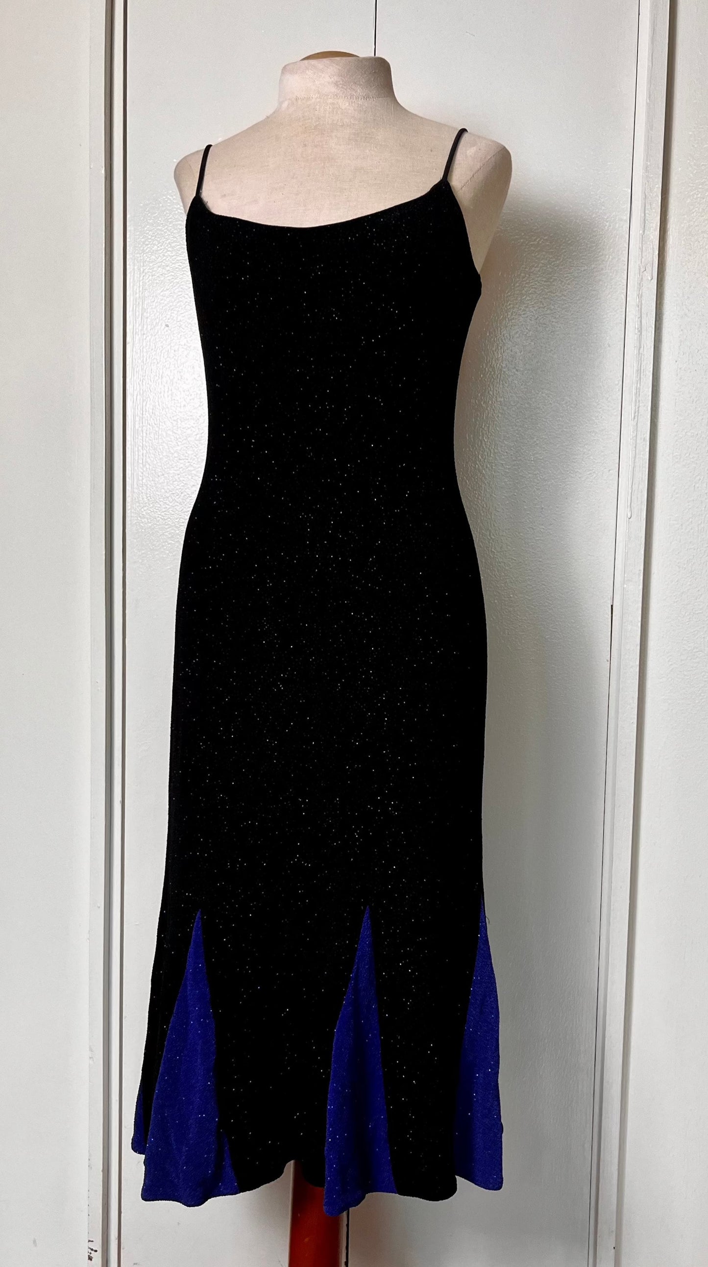 Vintage 1990's "Betsy & Adam by Jaslene" Black & Blue Stretch Knit Midi Dress