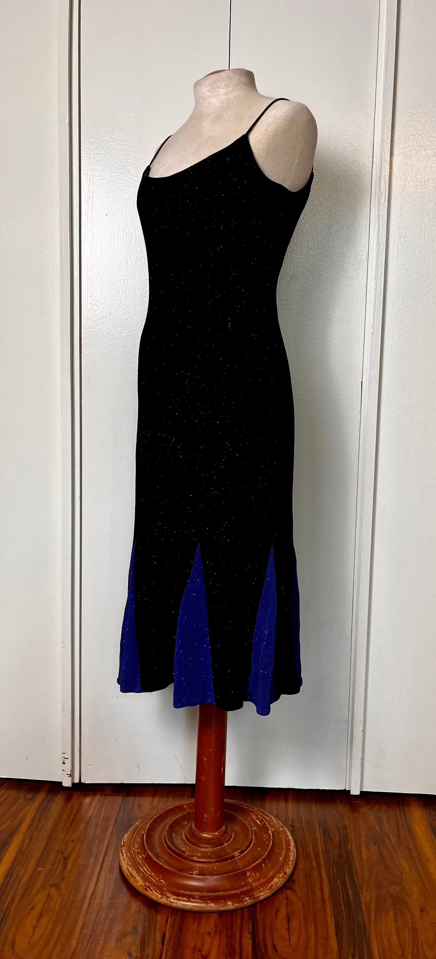 Vintage 1990's "Betsy & Adam by Jaslene" Black & Blue Stretch Knit Midi Dress