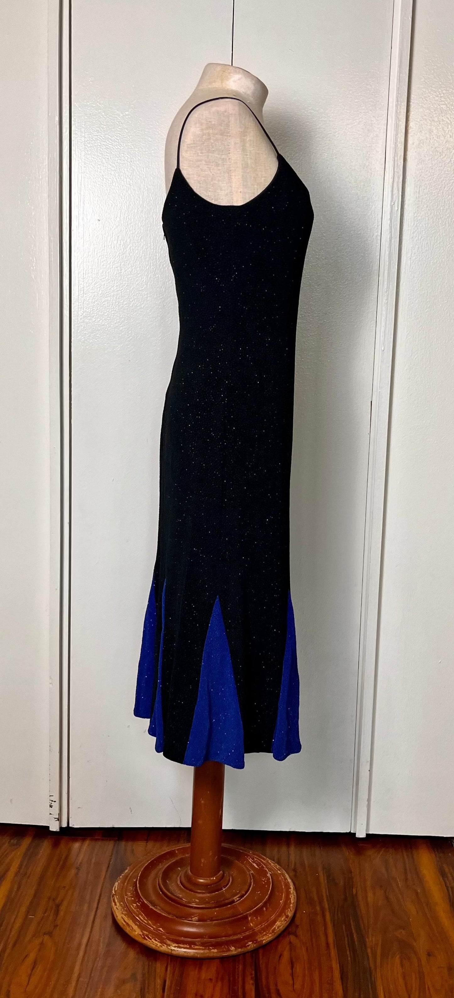 Vintage 1990's "Betsy & Adam by Jaslene" Black & Blue Stretch Knit Midi Dress