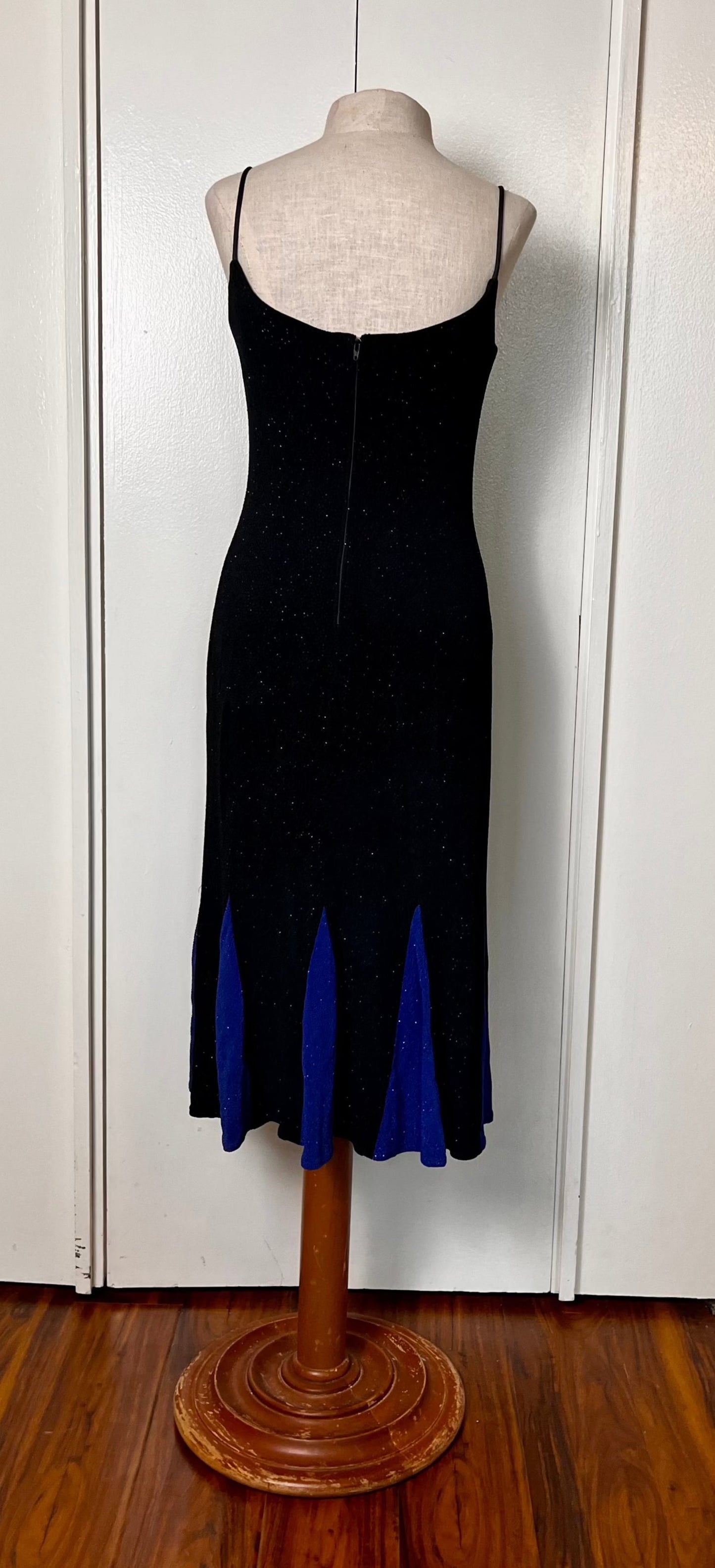 Vintage 1990's "Betsy & Adam by Jaslene" Black & Blue Stretch Knit Midi Dress