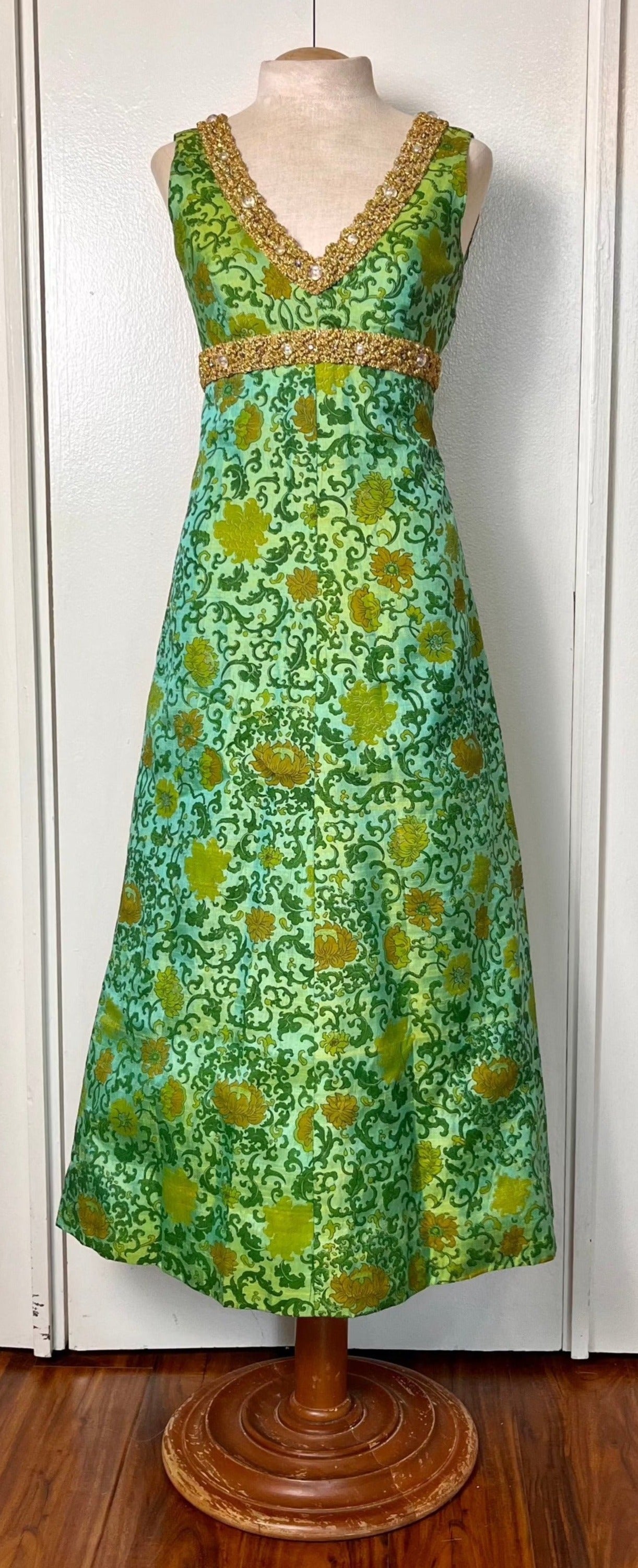 Vintage 1960's Ivy & Floral Jade-Green Brocade-Like with Gold Shimmer Trim Empire Waist Maxi Dress