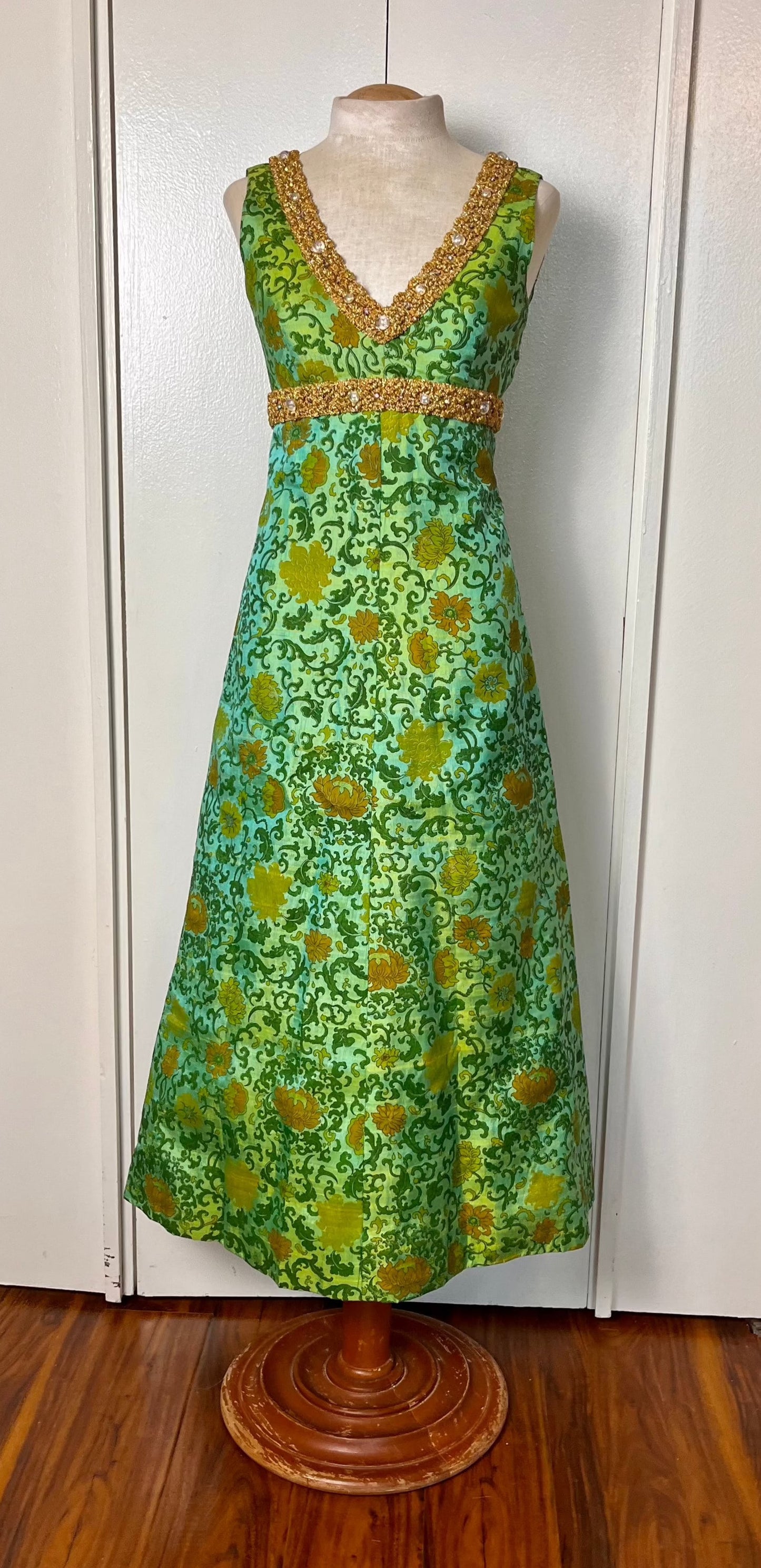 Vintage 1960's Ivy & Floral Jade-Green Brocade-Like with Gold Shimmer Trim Empire Waist Maxi Dress