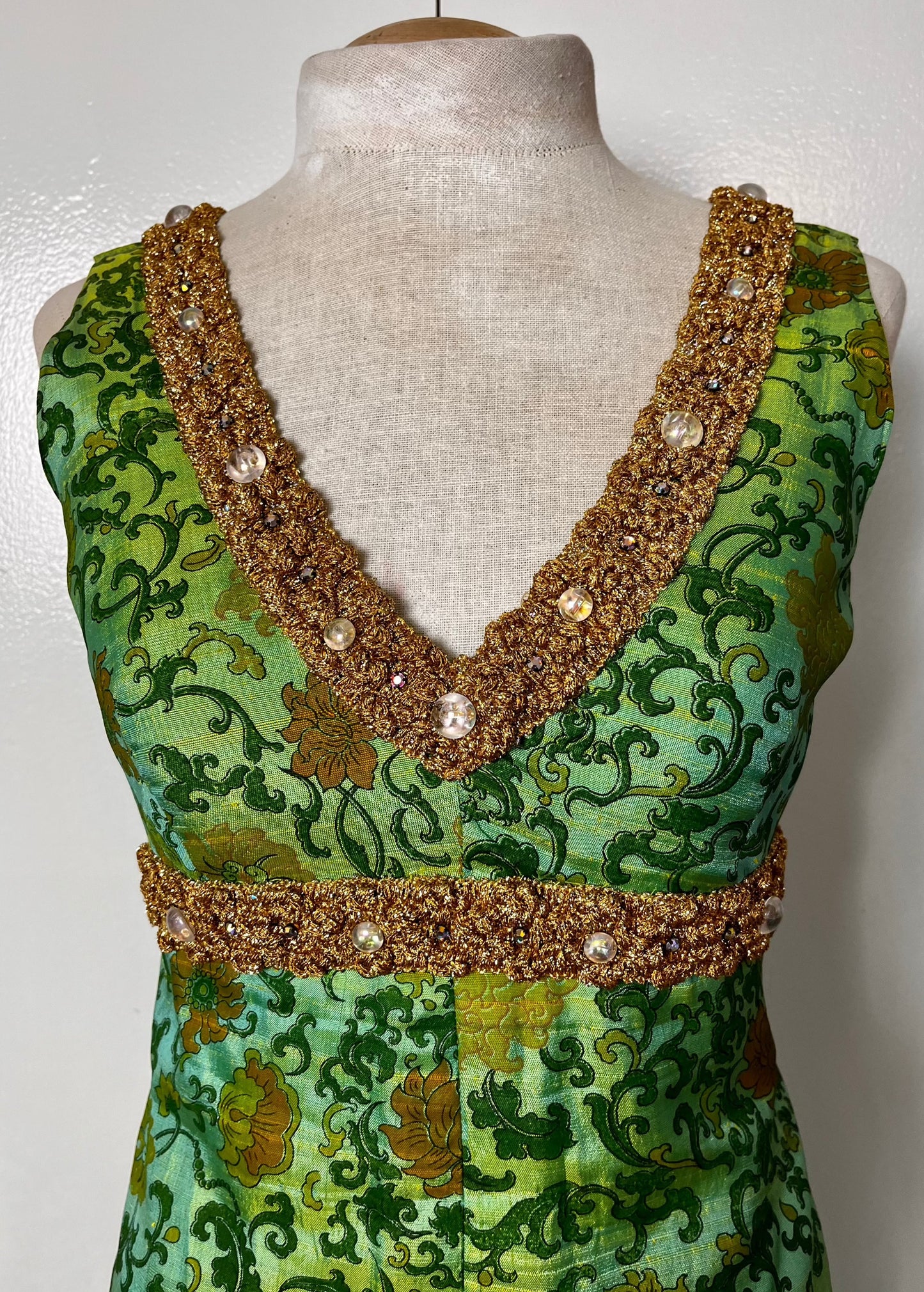 Vintage 1960's Ivy & Floral Jade-Green Brocade-Like with Gold Shimmer Trim Empire Waist Maxi Dress