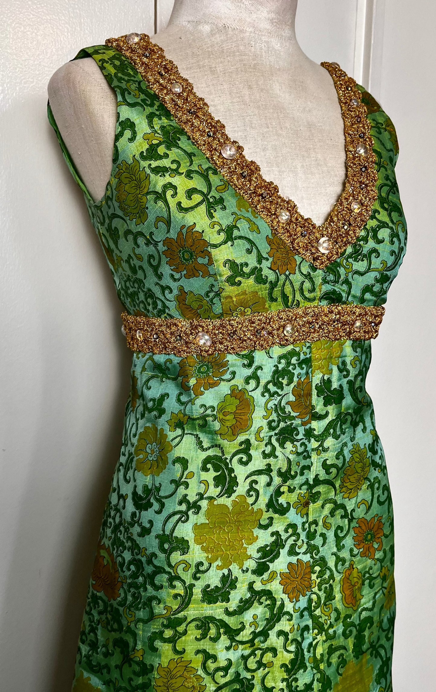 Vintage 1960's Ivy & Floral Jade-Green Brocade-Like with Gold Shimmer Trim Empire Waist Maxi Dress