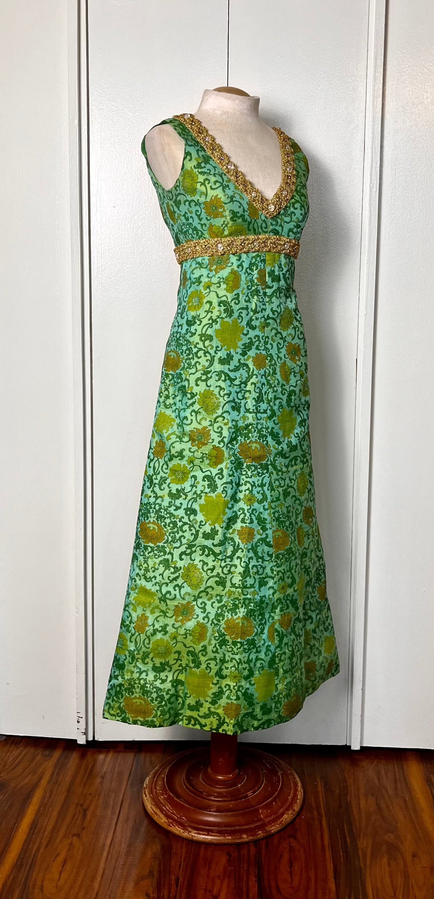 Vintage 1960's Ivy & Floral Jade-Green Brocade-Like with Gold Shimmer Trim Empire Waist Maxi Dress