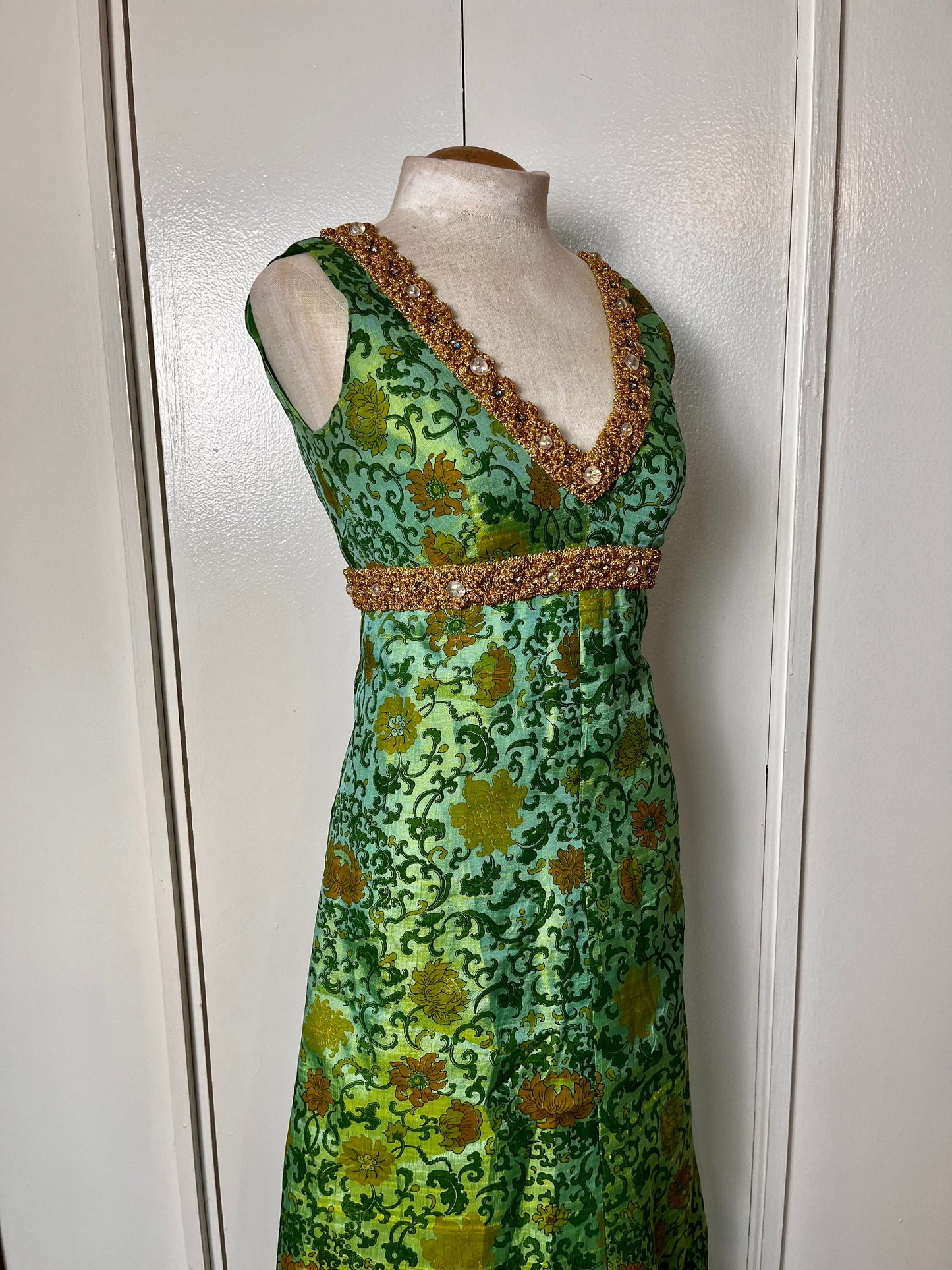 Vintage 1960's Ivy & Floral Jade-Green Brocade-Like with Gold Shimmer Trim Empire Waist Maxi Dress