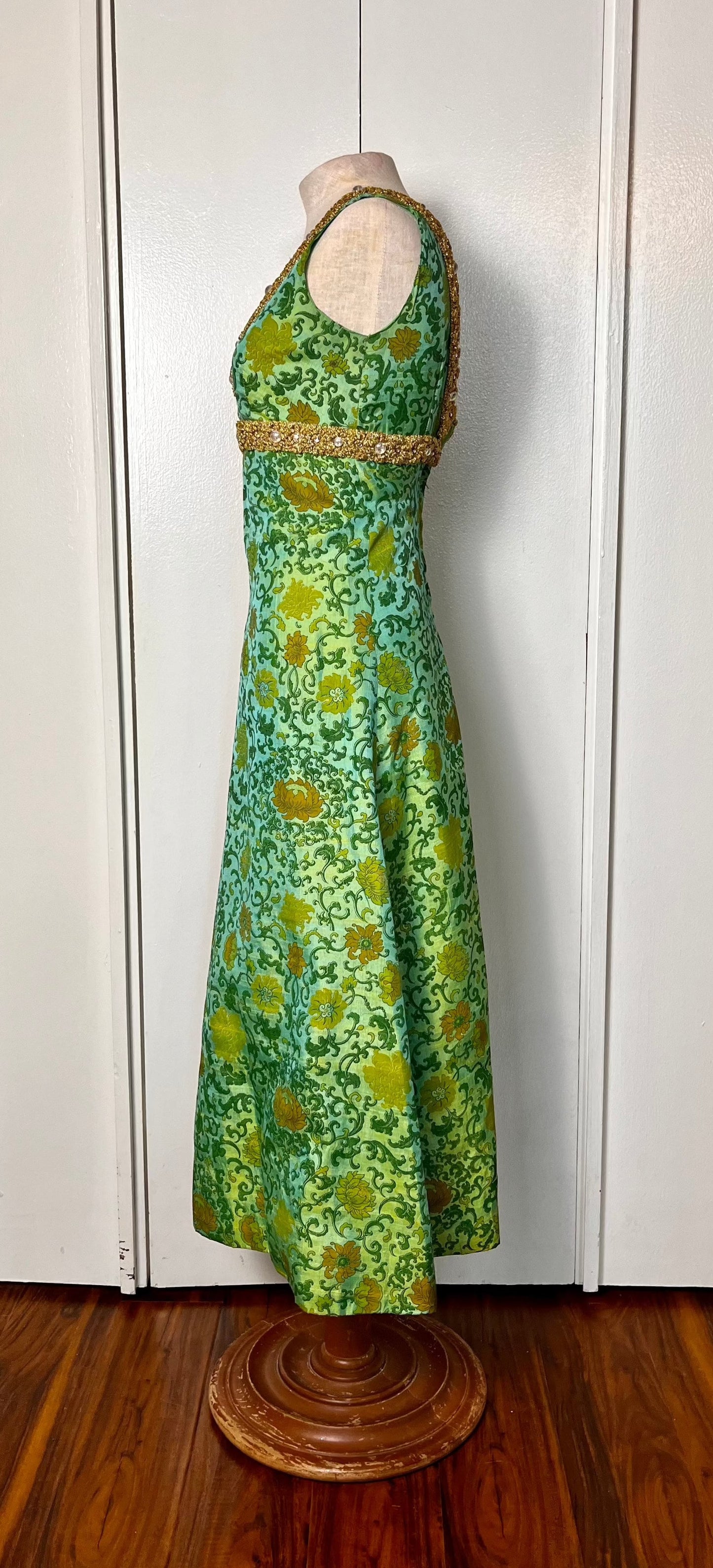 Vintage 1960's Ivy & Floral Jade-Green Brocade-Like with Gold Shimmer Trim Empire Waist Maxi Dress