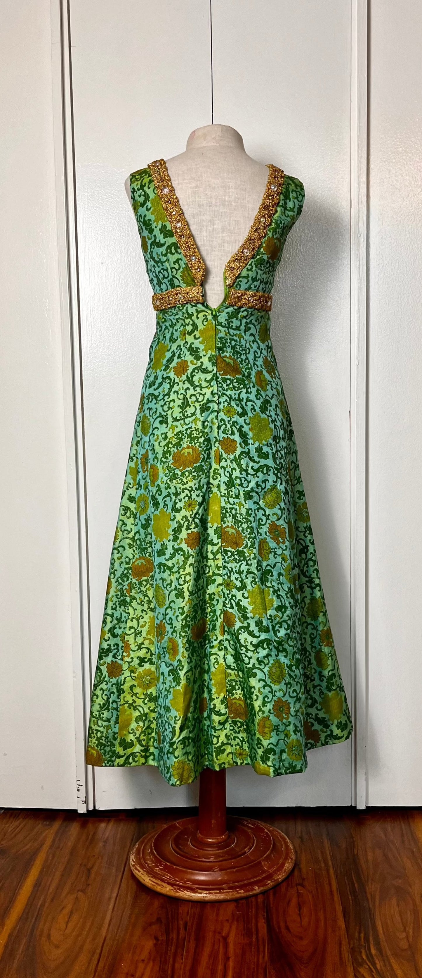 Vintage 1960's Ivy & Floral Jade-Green Brocade-Like with Gold Shimmer Trim Empire Waist Maxi Dress