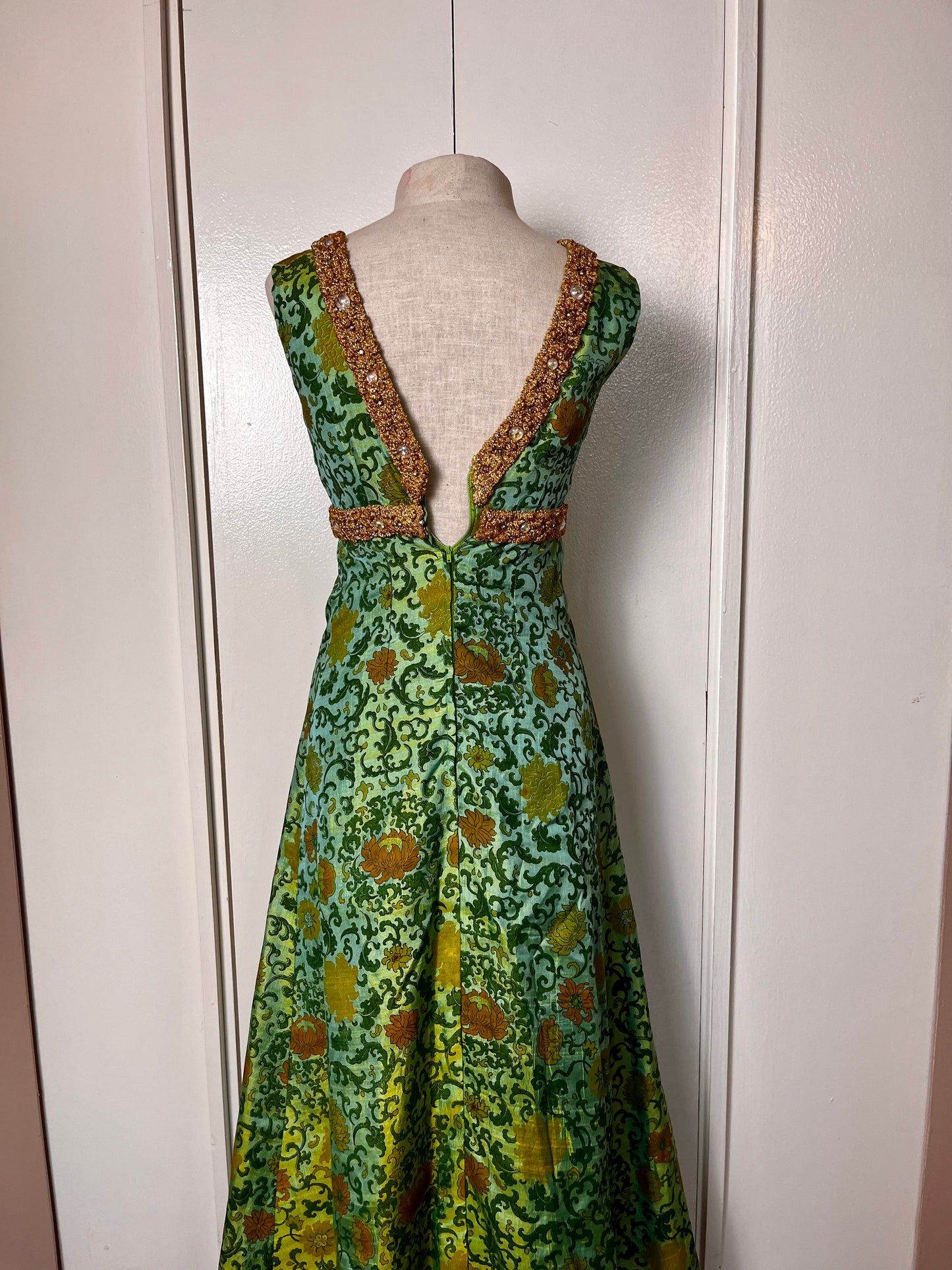 Vintage 1960's Ivy & Floral Jade-Green Brocade-Like with Gold Shimmer Trim Empire Waist Maxi Dress