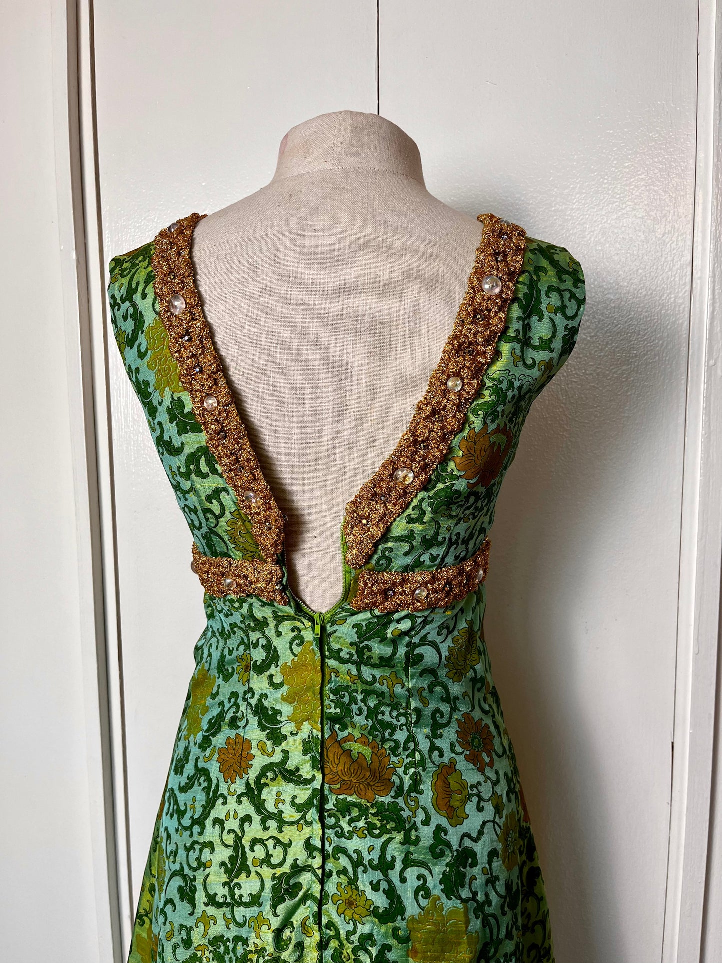 Vintage 1960's Ivy & Floral Jade-Green Brocade-Like with Gold Shimmer Trim Empire Waist Maxi Dress