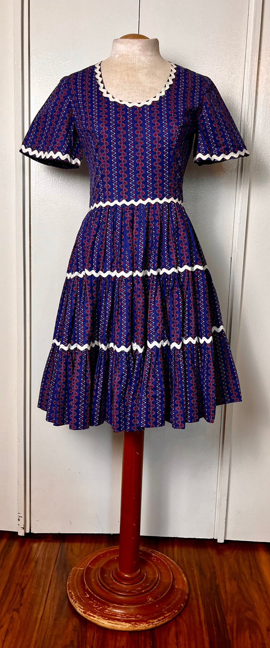 Vintage 1980's "Home-sewn" Square Dancing Dress in Blue & Red Calico