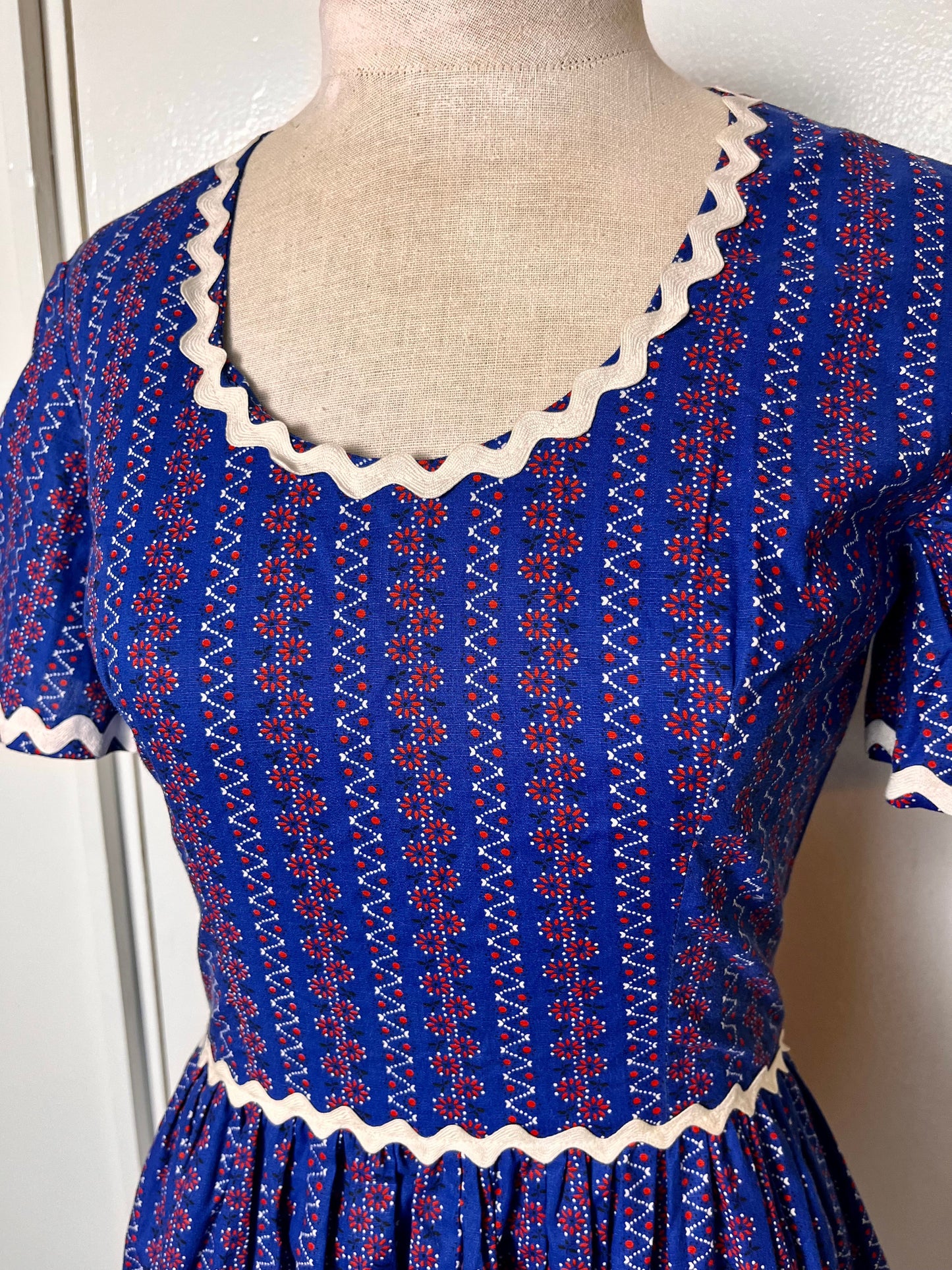 Vintage 1980's "Home-sewn" Square Dancing Dress in Blue & Red Calico