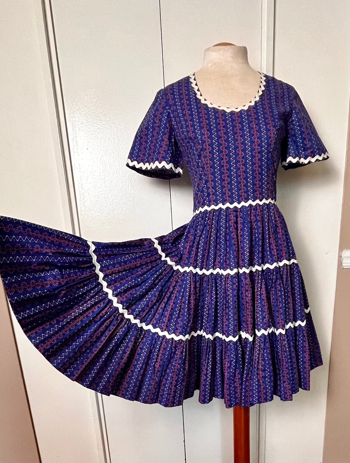 Vintage 1980's "Home-sewn" Square Dancing Dress in Blue & Red Calico