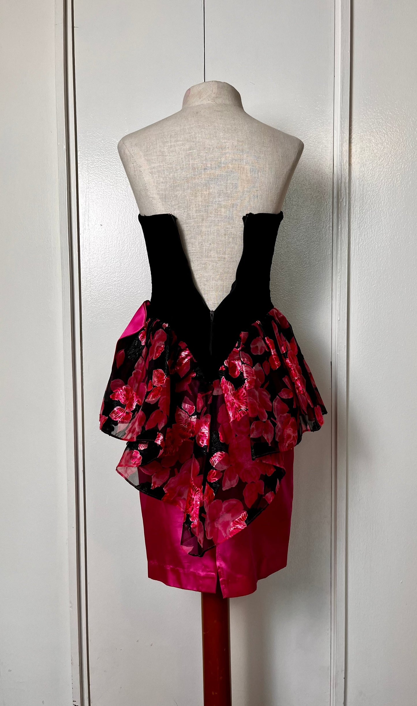 Vintage 1980's "Karen Okada for David Howard / Climax" Black Velvet with Hot Pink Piping and Pink Floral Chiffon w/ Satin Strapless Sweetheart Neckline and Peplum Waist Mini Dress