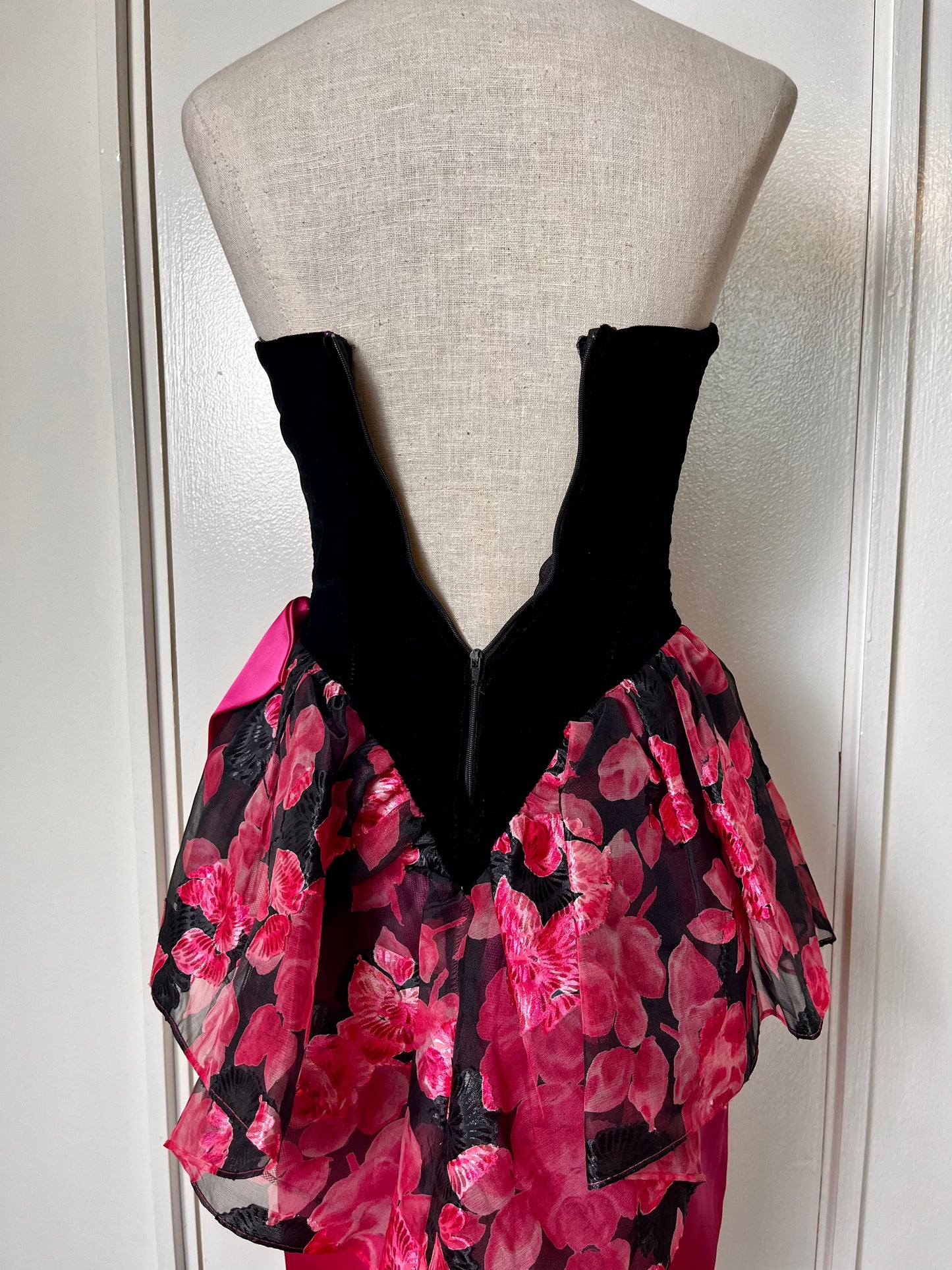 Vintage 1980's "Karen Okada for David Howard / Climax" Black Velvet with Hot Pink Piping and Pink Floral Chiffon w/ Satin Strapless Sweetheart Neckline and Peplum Waist Mini Dress