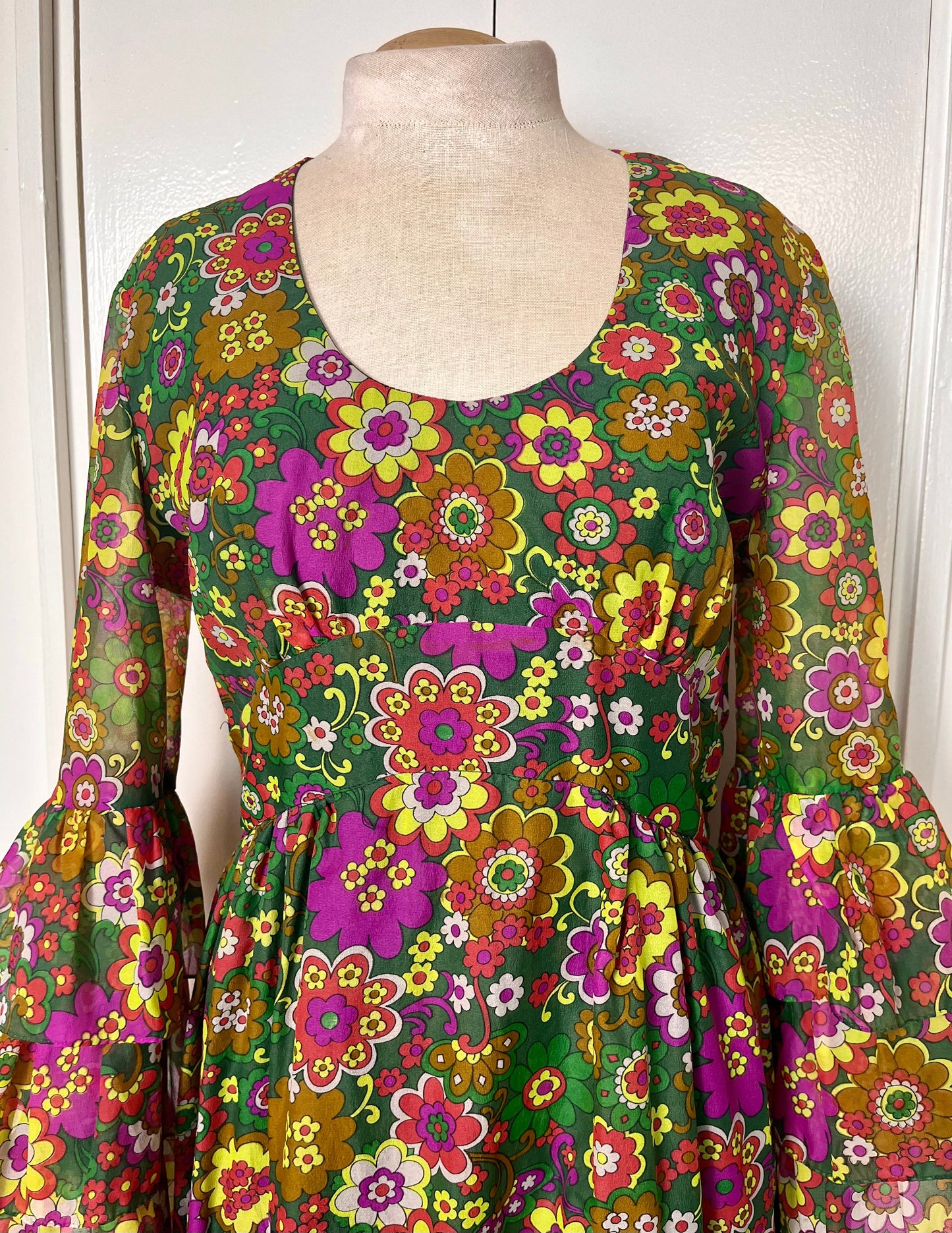 Vintage 1970's Groovy-Floral Bohemian Trumpet Sleeve Maxi Dress