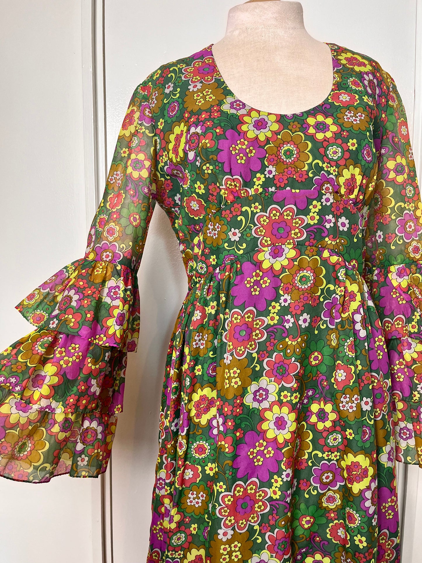 Vintage 1970's Groovy-Floral Bohemian Trumpet Sleeve Maxi Dress