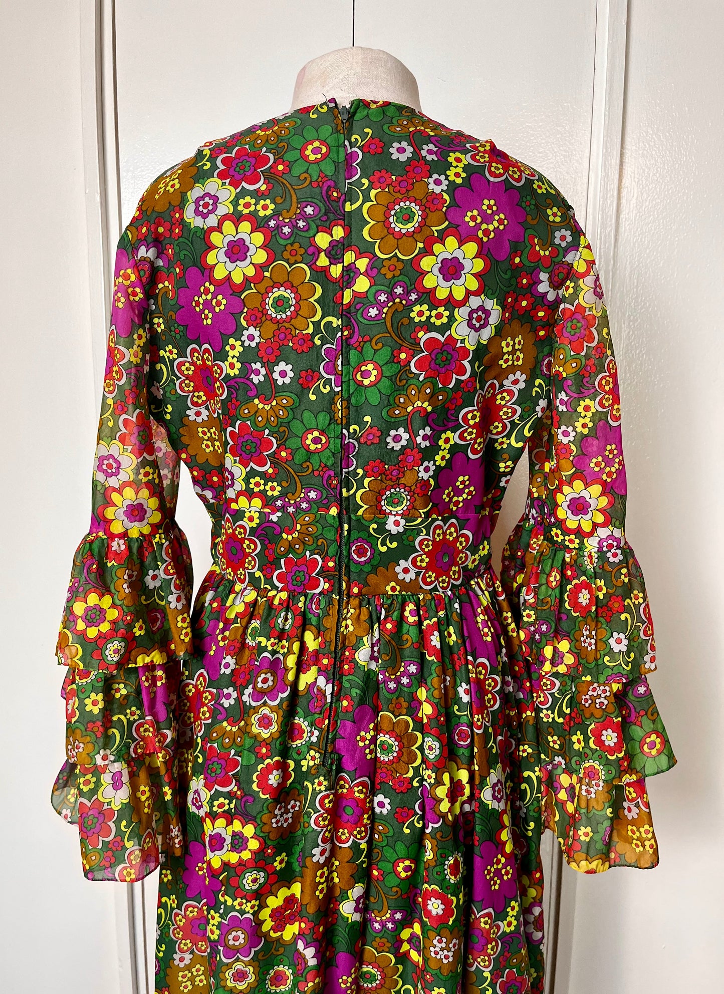 Vintage 1970's Groovy-Floral Bohemian Trumpet Sleeve Maxi Dress